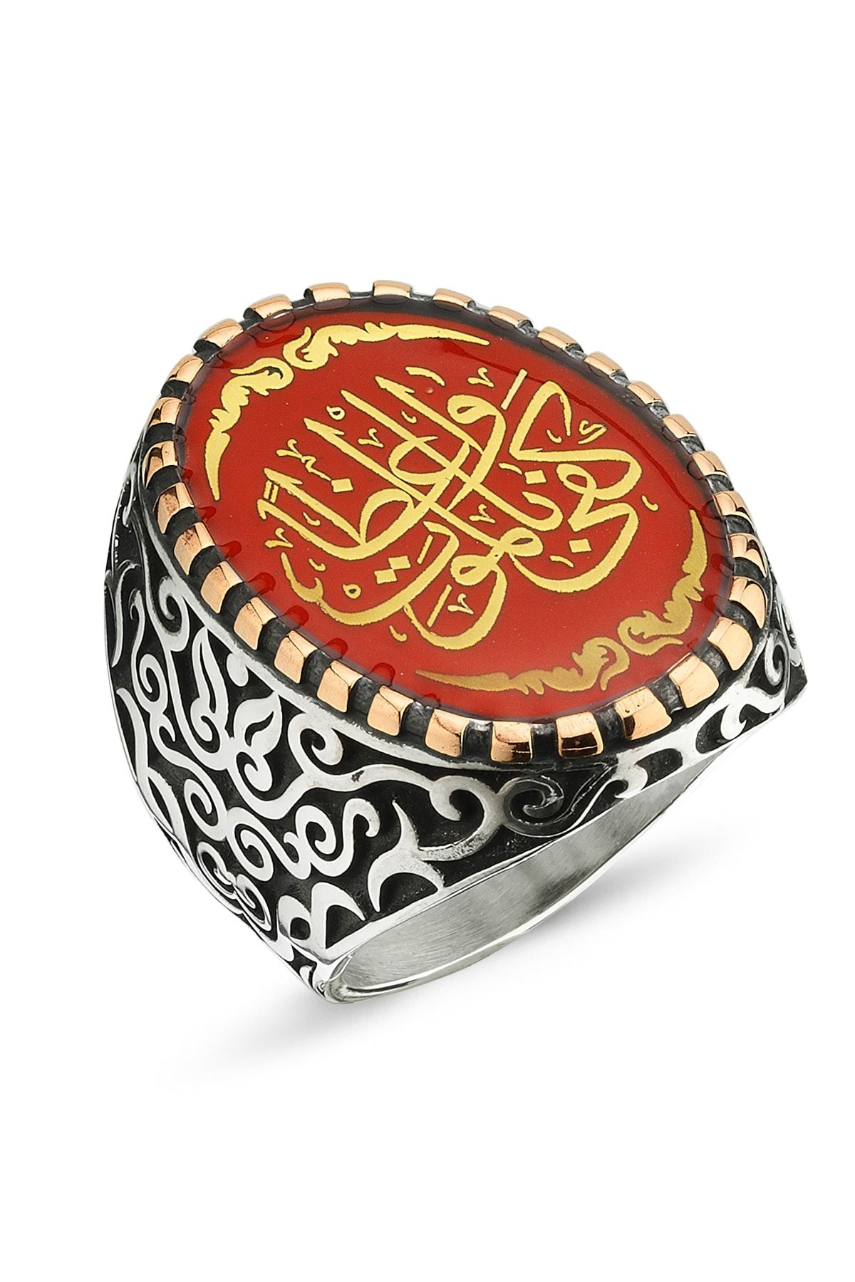 Diriliş Takı Arapça Kefâ Bil-mevt Vaizan (kişiye Nasihat Olarak Ölüm Yeter ) Yazılı Gümüş Yüzük Kırmızı