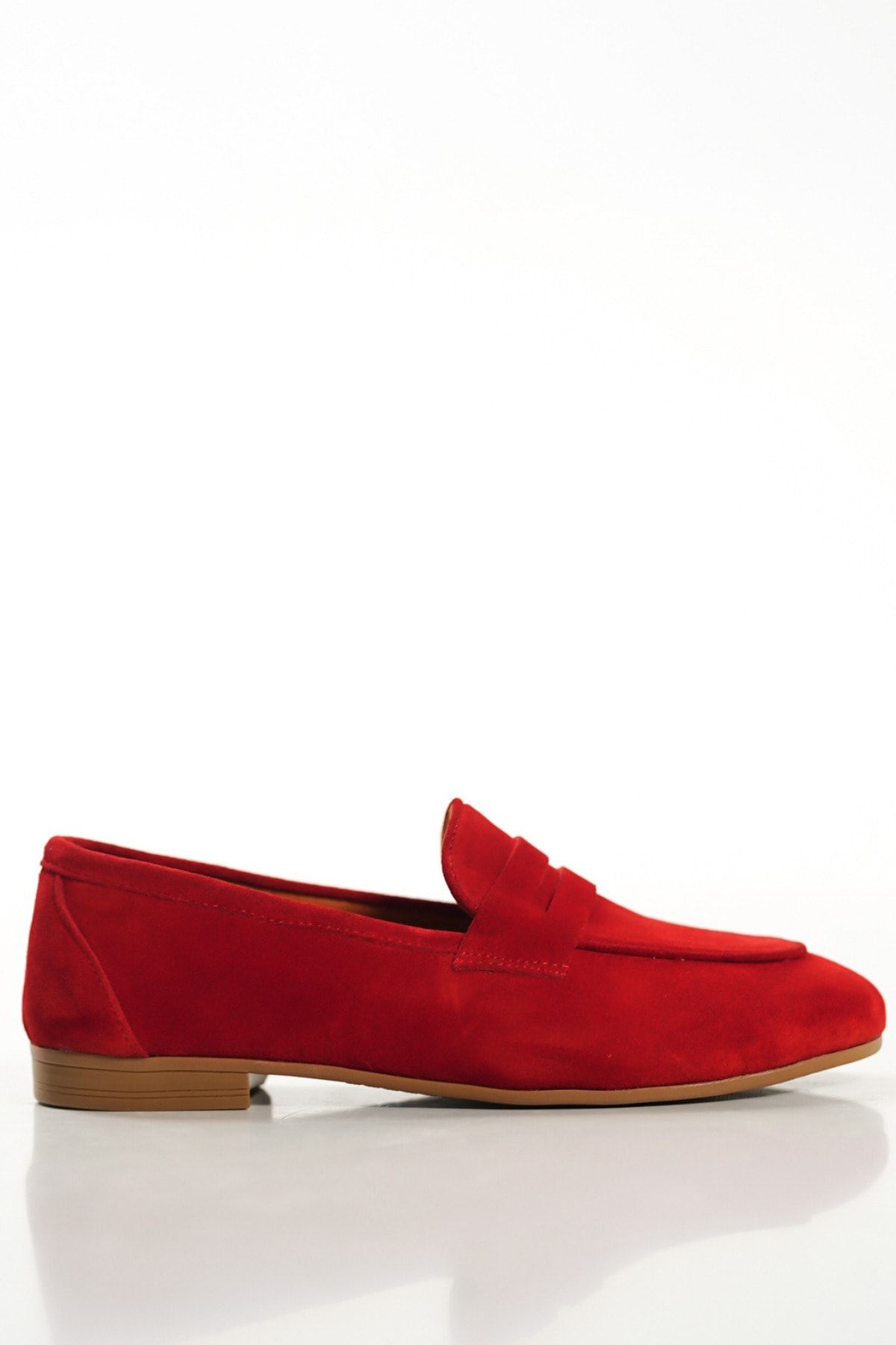 SAYL Kırmızı Süet Hakiki Deri Kadın Loafer Babet Fiyonk Detaylı Makosen Ayakkabı