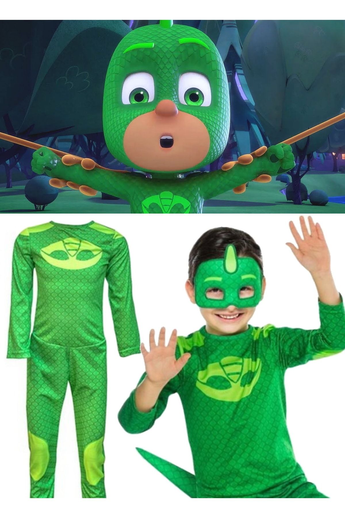 Utelips 9-10 Yaş Parti Kostümü Tulum Pijamaskeliler Çocuk Set Yeşil Kertenkele Görünümlü Tatlı Çocuklar Için