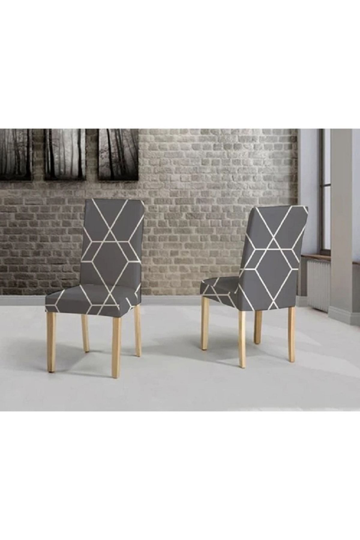 elgeyar Desenli Kadife Sandalye Kılıfı,likrali,lastikli,standart , Gri Geometrik Desen(1 Adet)