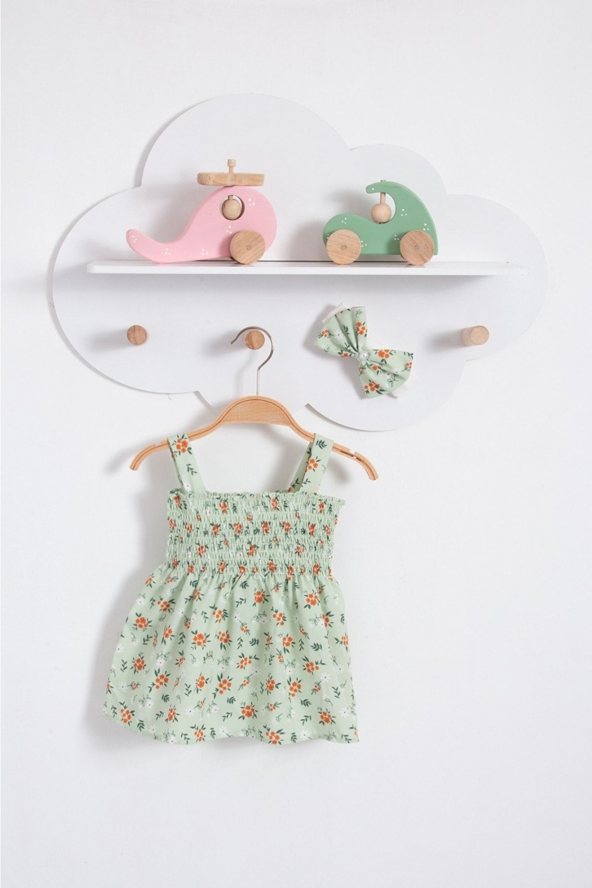 Bubito Çiçek Görselli Bandanalı Yazlık Kız Bebek Elbisesi-yeşil