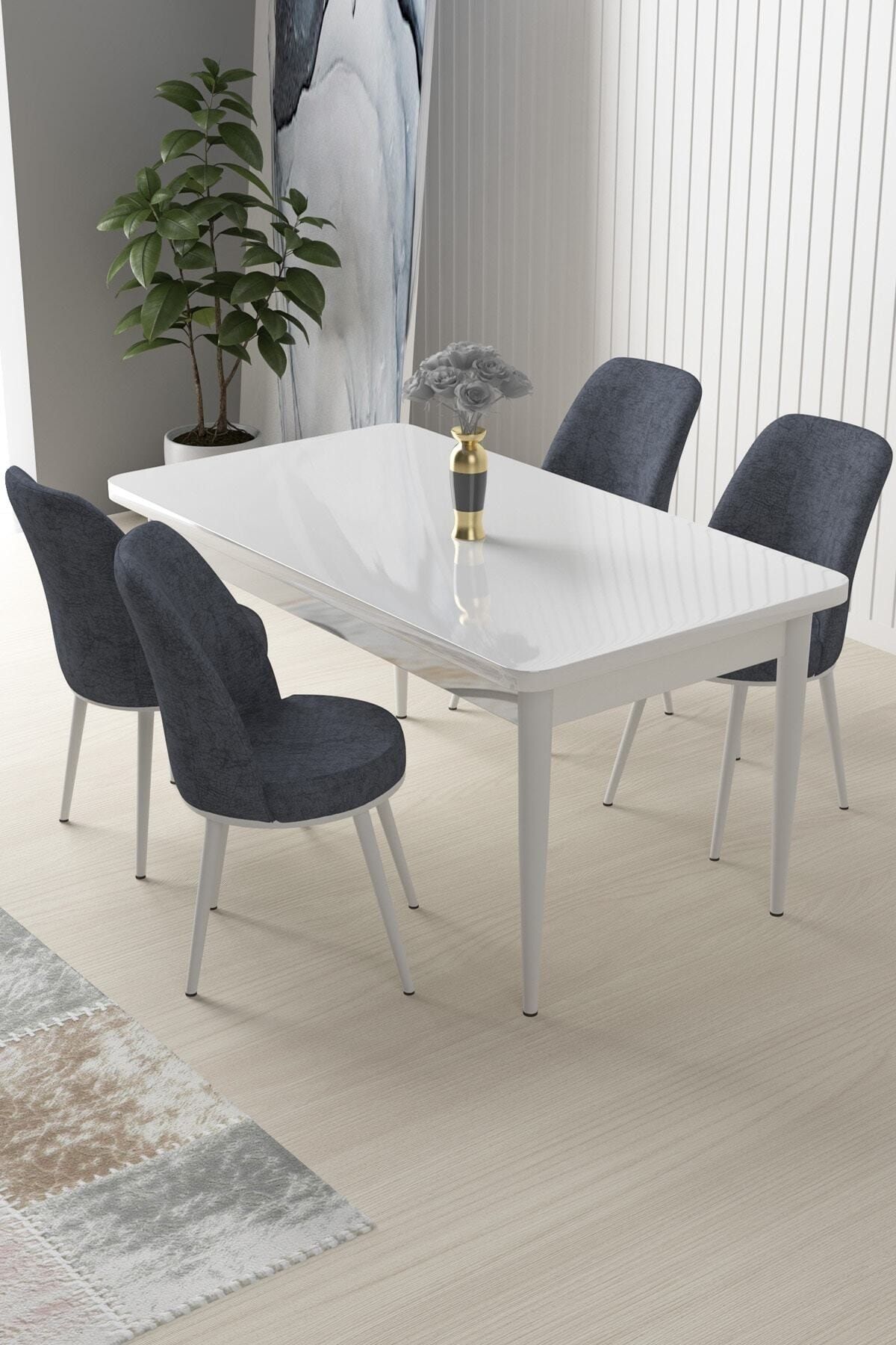 Canisa Concept Nil Serisi Beyaz Sabit Mutfak Masa Takımı +4 Adet Füme Sandalye