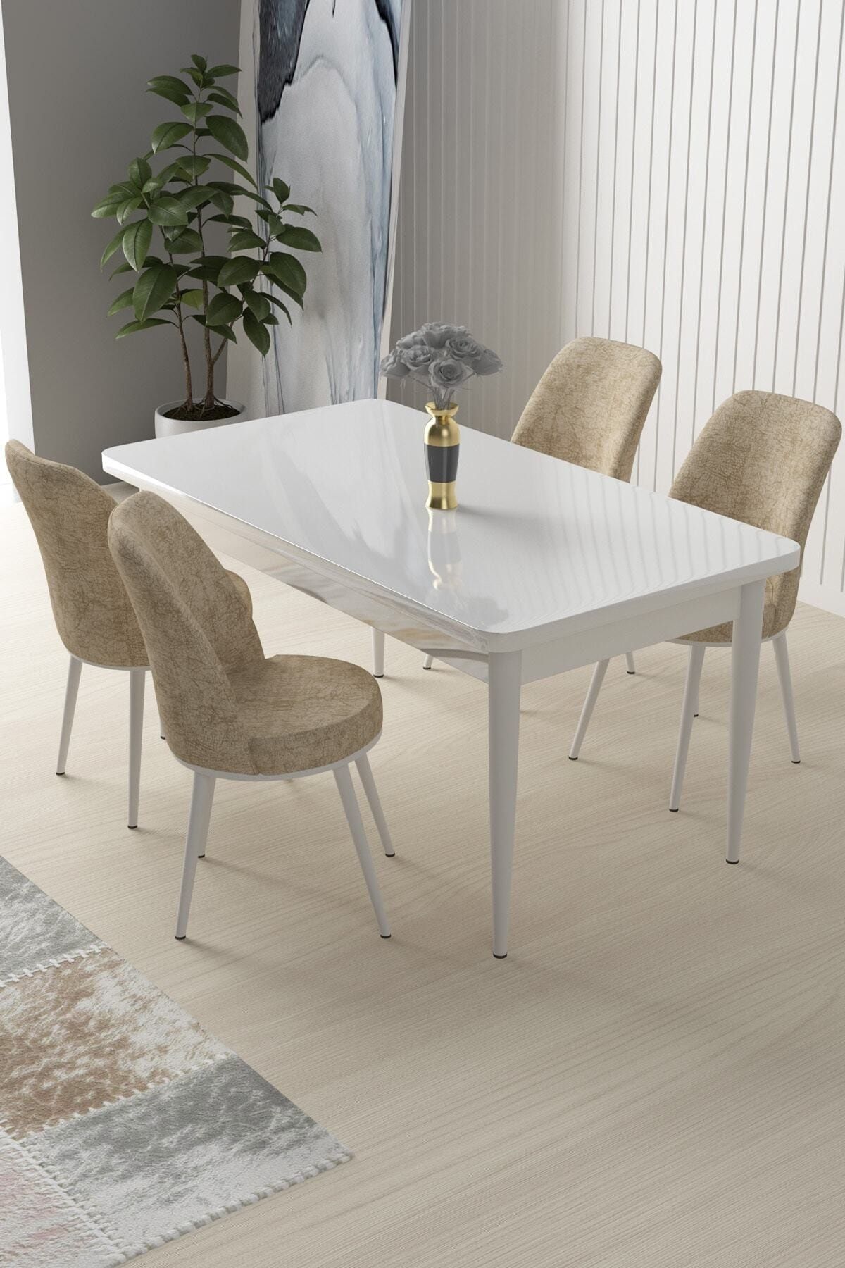 Canisa Concept Nil Serisi Beyaz Sabit Mutfak Masa Takımı +4 Adet Krem Sandalye