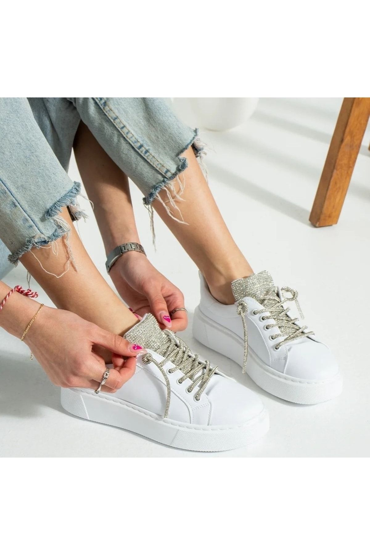 Afilli Kadın Beyaz Taşlı Parlak Sneaker Kalın Platform Taban Günlük Casual Rahat Spor Ayakkabı