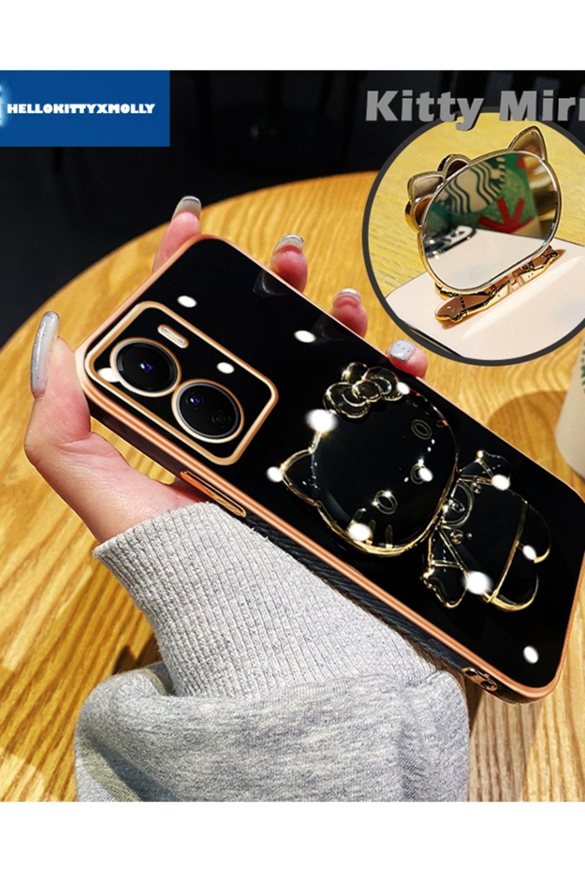 Molly Technology Vivo Y16 Için Siyah Hello Kitty Standlı Kenarları Gold Detaylı Lüks Silikon Kılıf