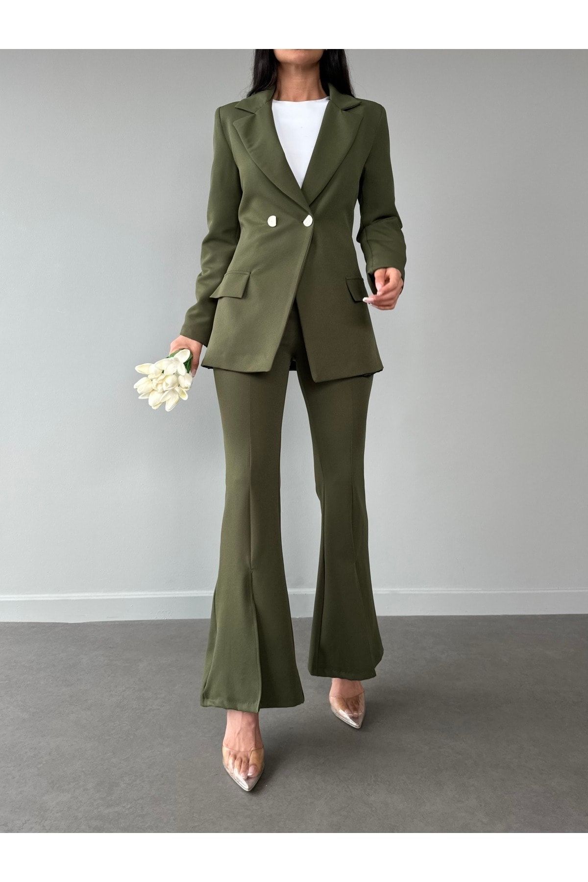 Rmz Style Haki Sahte Cep Tek Düğme Blazer Ceket Ispanyol Yırtmaçlı Paça Esnek Pantolon Takım Elbise