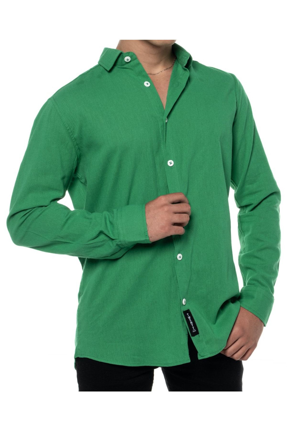 SOPRON outdoors Erkek Keten Yeşil Regular Fit Gömlek Yaka Uzun Kollu Gömlek