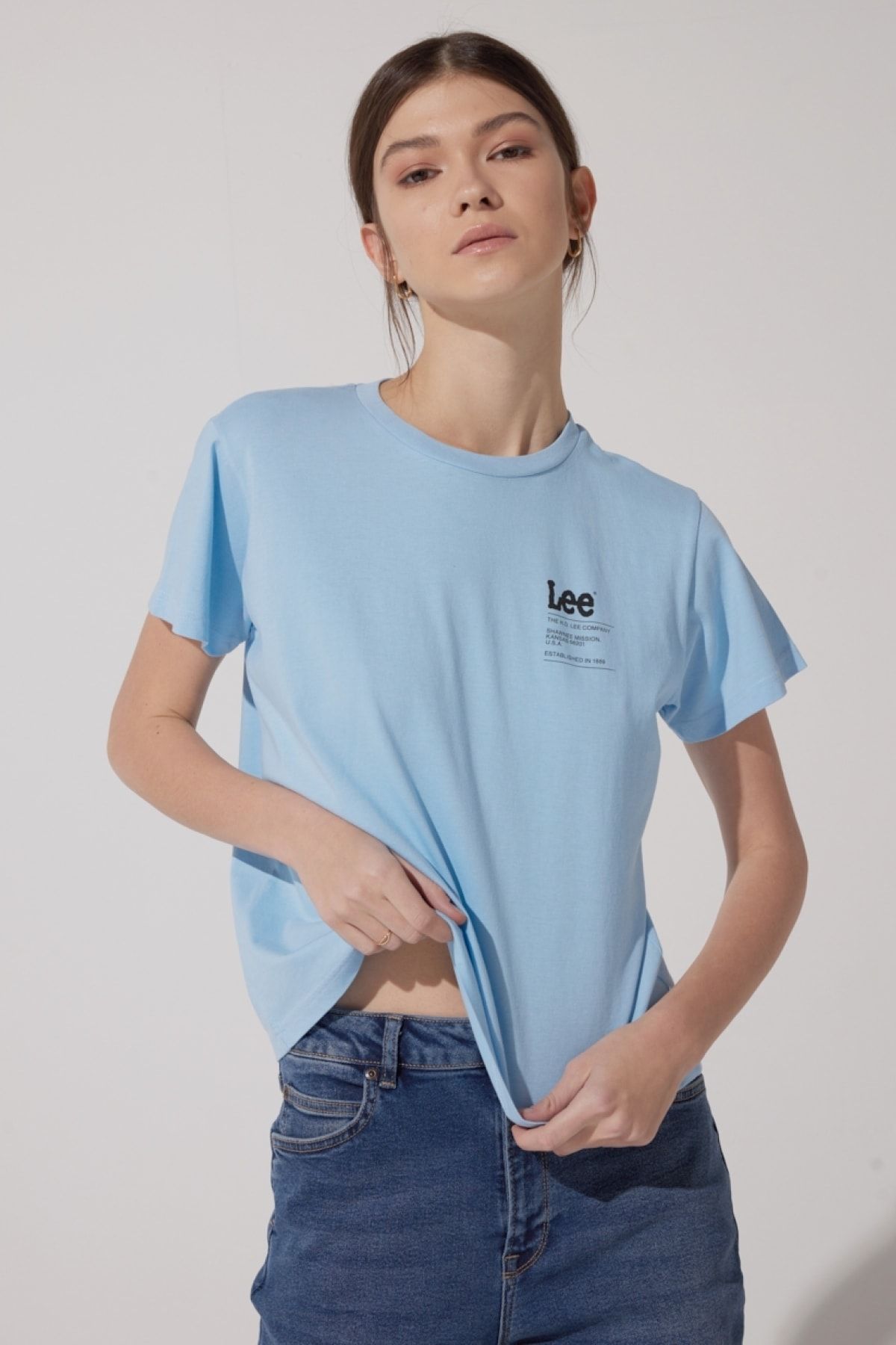 Lee Oversize Bol Kesim Bisiklet Yaka %100 Pamuk Açık Mavi Kadın T-shirt