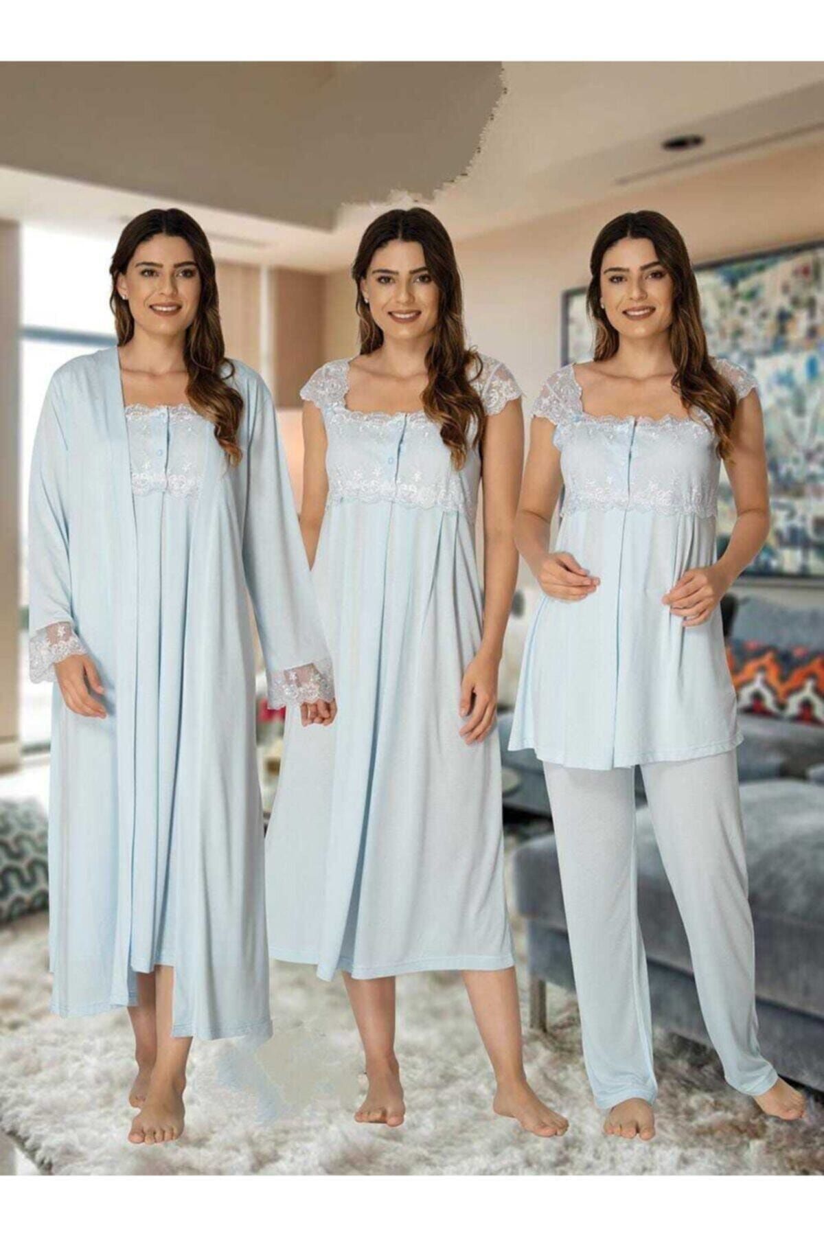 Genel Markalar Pijama Kadın Pijama Takımı Gecelik Sabahlık Lohusa Hamile 4'lü Set Mavi