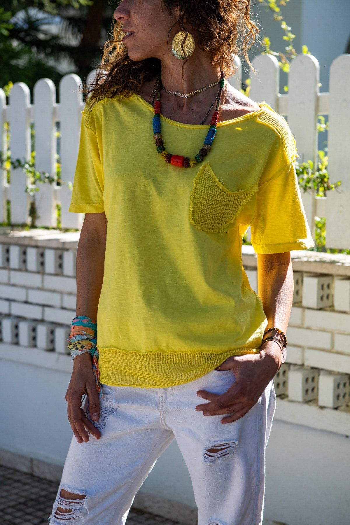 Güneşkızı Kadın Sarı Yıkamalı Fileli Tek Cep Salaş T-Shirt GK-RSD2030