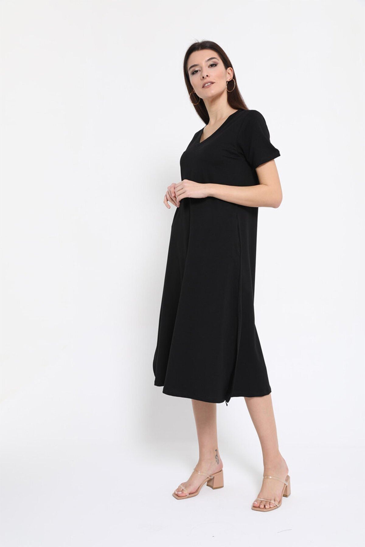 Genel Markalar Kadın V Yaka Yırtmaçlı Yandan Cepli Basic Elbise 25736 Siyah