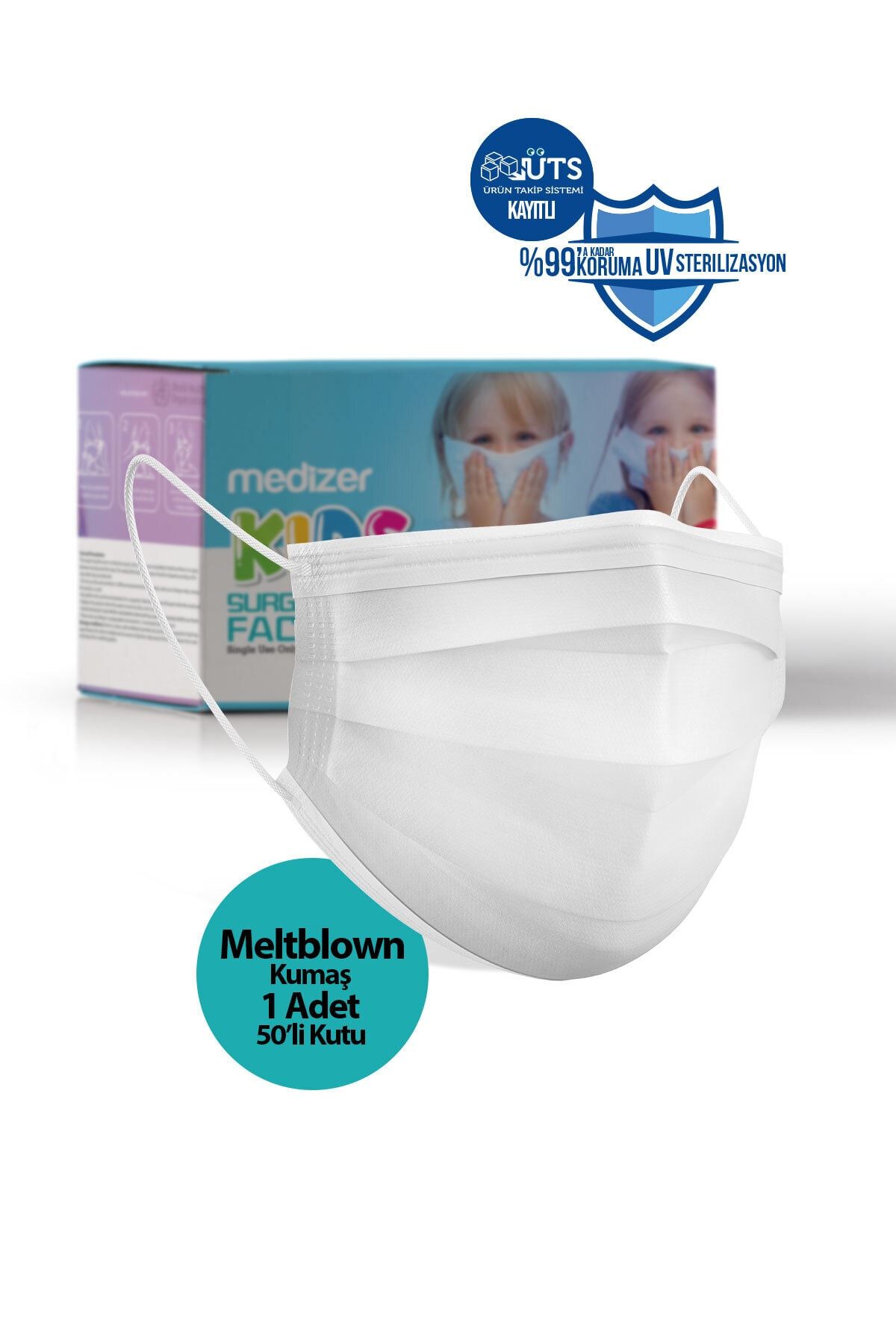 Sabomar Medizer Meltblown Kumaş Ultrasonik Cerrahi Çocuk Maskesi 3 Katlı 50 Adet - Burun Telli - Beyaz