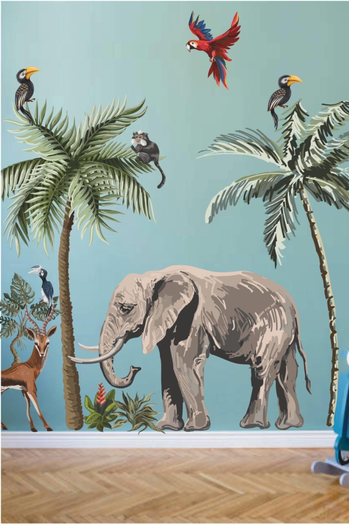 MSticker Fil, Kuşlar Ve Ağaçlar Safari Tropikal Hayvanlar Ve Ağaçlar Çocuk Bebek Odası Duvar Sticker