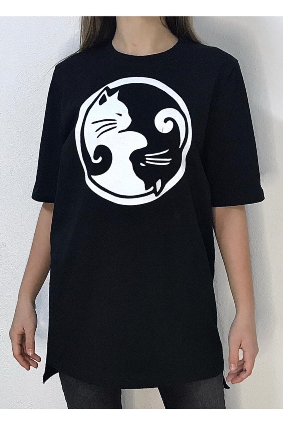 Mightee Kadın Siyah Yingyang Cats Oversize Uzun T-shirt