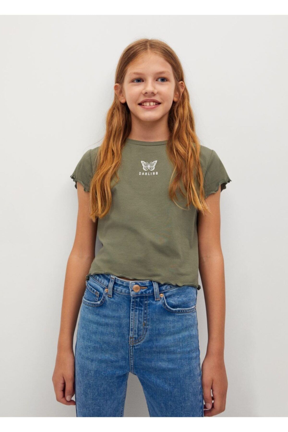 MANGO Kids Kız Çocuk Haki İşleme Detaylı Koton Tişört