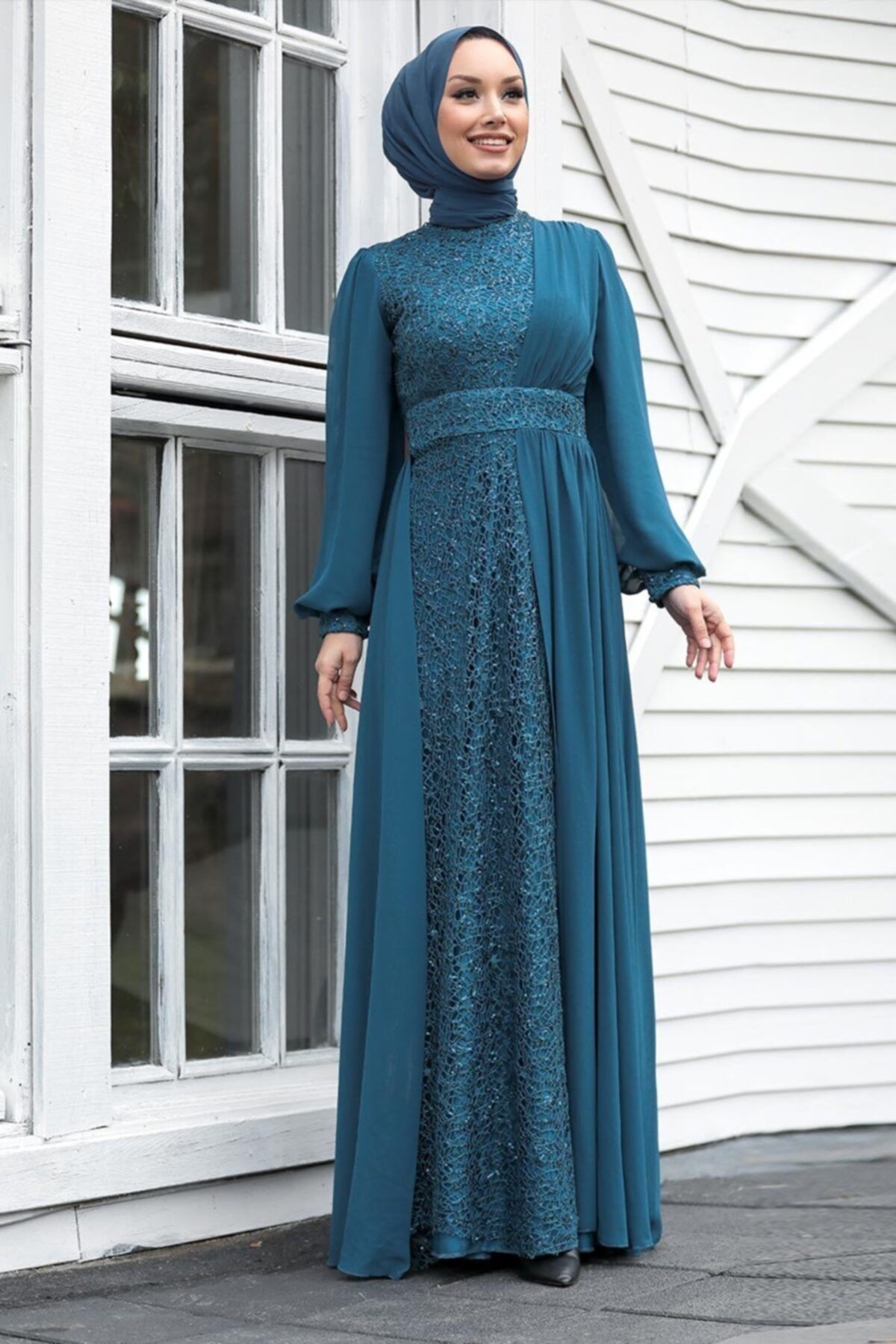 Neva Style Tesettür Abiye Elbise - Pul Payetli Indigo Mavisi Tesettür Abiye Elbise 5408ım