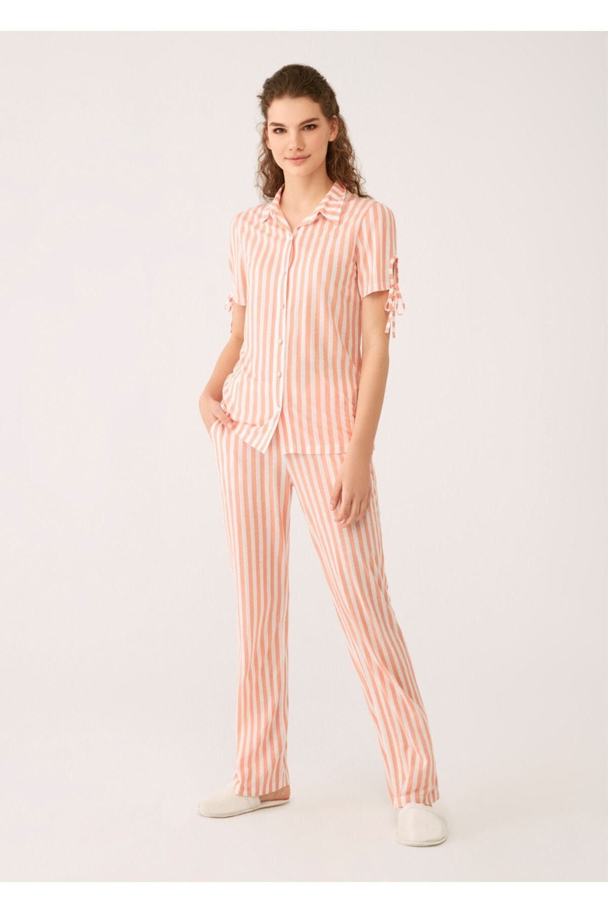 Dagi Kadın Pembe Çizgili Gömlek Modal Kumaş  Kısa Kol Pijama Takımı