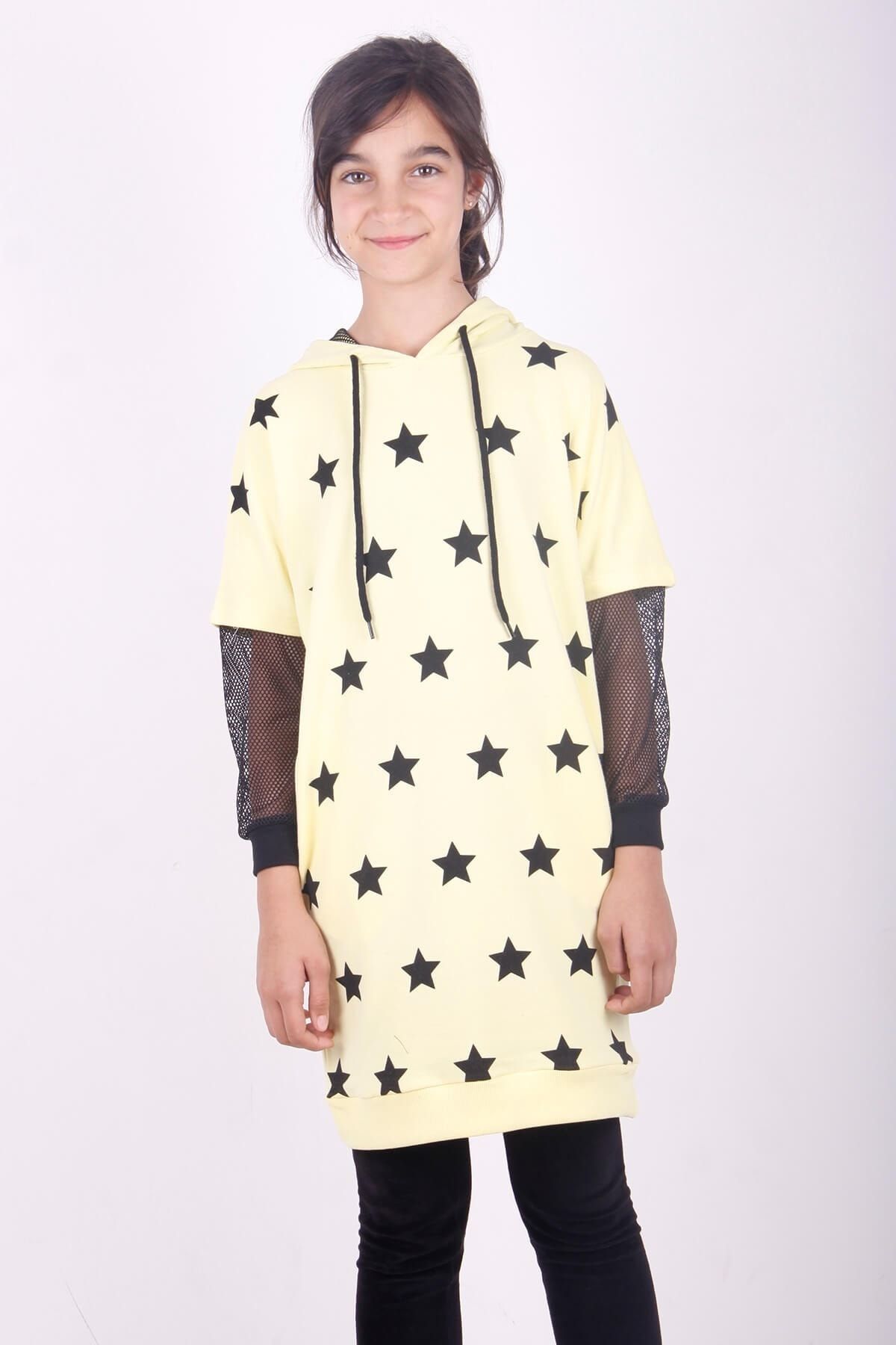 Toontoy Kız Çocuk Yıldız Baskılı Kapşonlu Elbise