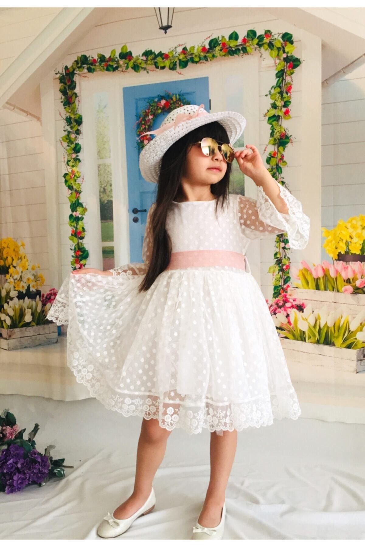 Mixie Kız Çoçuk Beyaz Şapkalı Güpürlü Prenses Model  Elbisesi