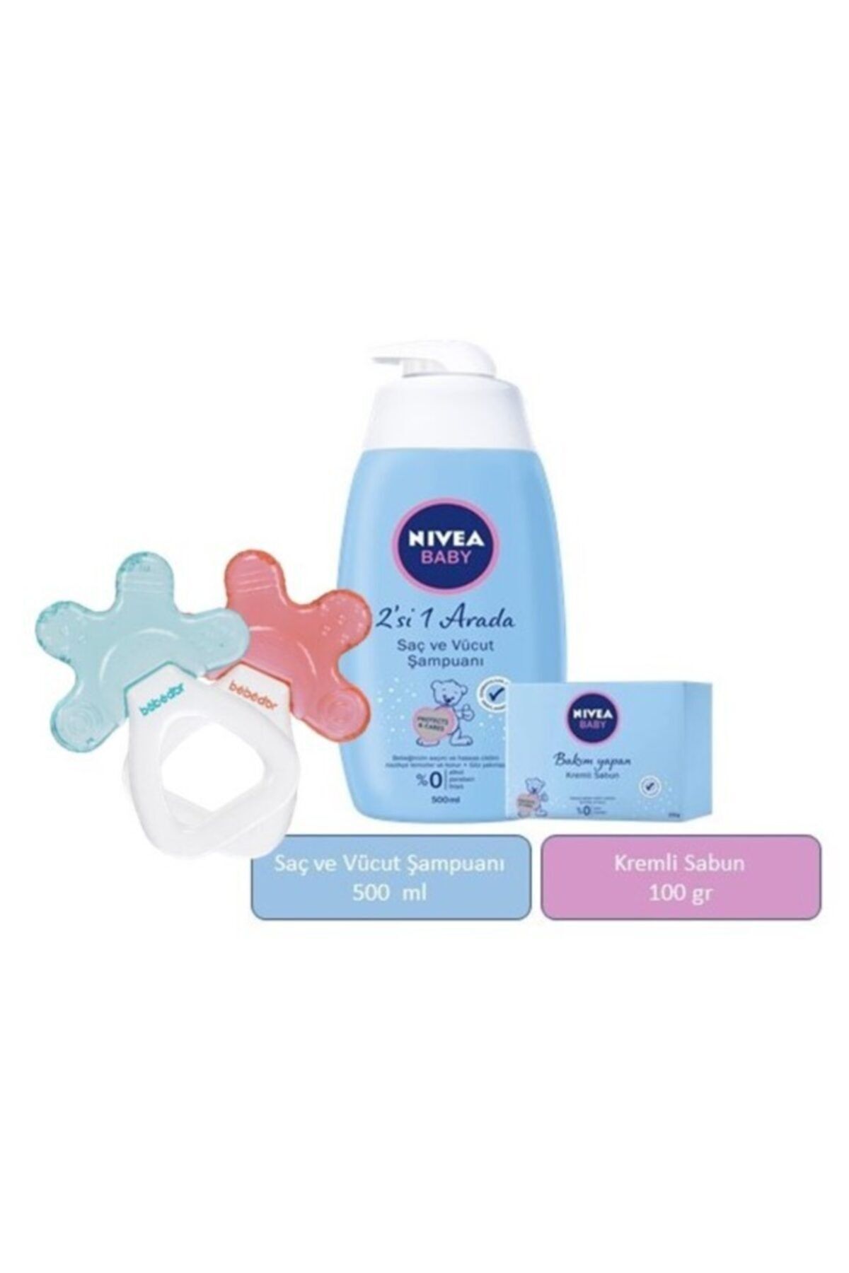 NIVEA Baby Saç Ve Vücut Şampuanı 500 mll & Bakım Yapan Kremli Sabun 100 Gr +çıngıraklı Sulu Dişlik Hediye