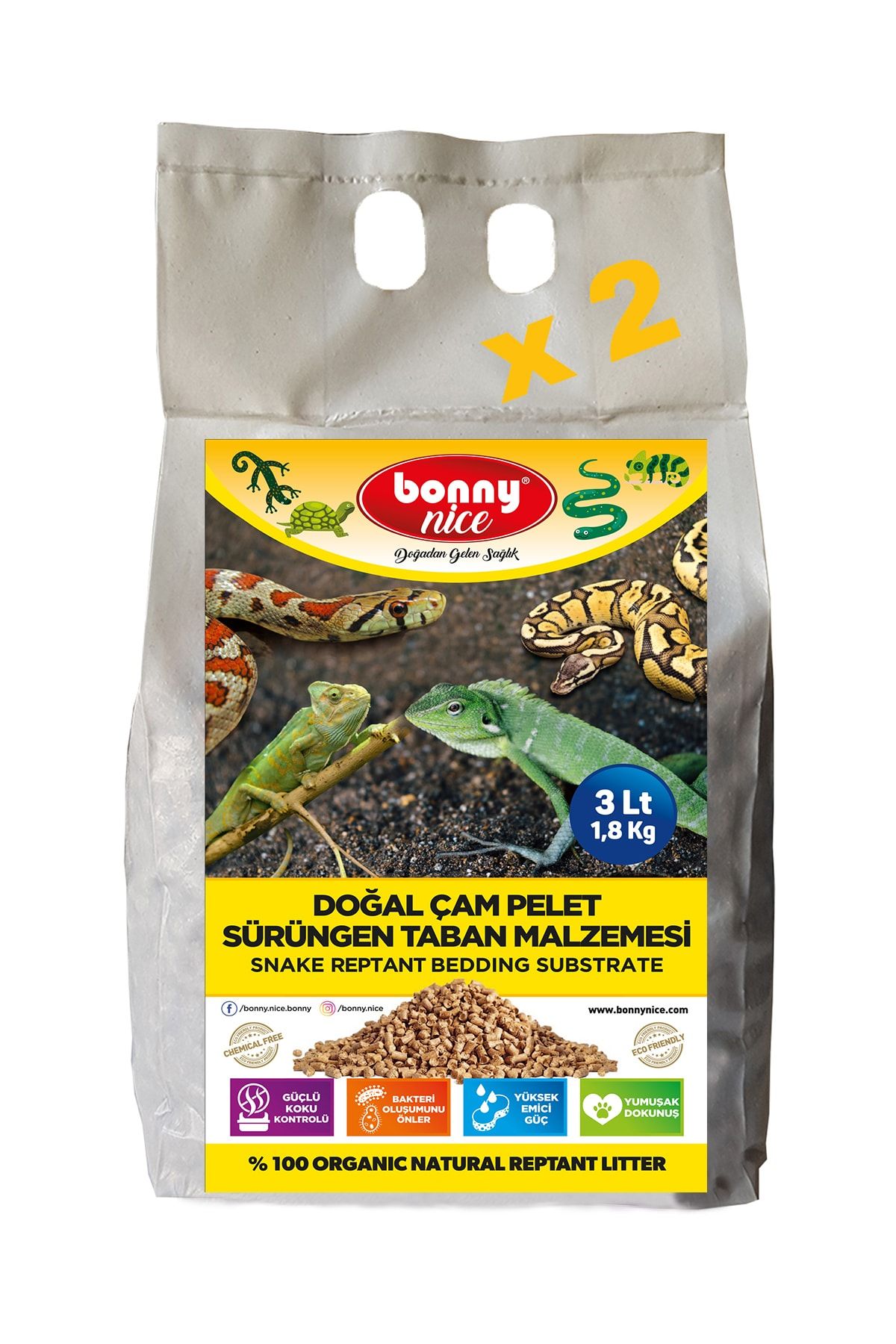 Bonny Nice Doğal Çam Pellet Sürüngen Taban Malzemesi 1.8 kg 3 lt x 2 Paket