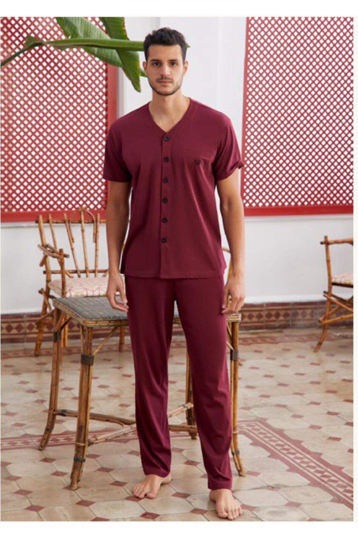 Eros Erkek Lacivert Pamuk V Yaka Gömlek Kısa Kol Pijama Takım 21y