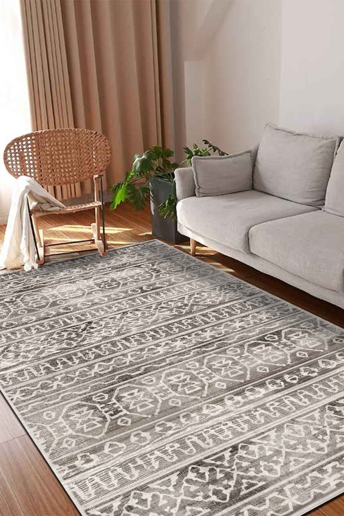 AIDA HOME Adani Kadife Desenli Pamuk Tabanlı Yıkanabilen Kaydırmaz Antibakteriyel Salon Halısı