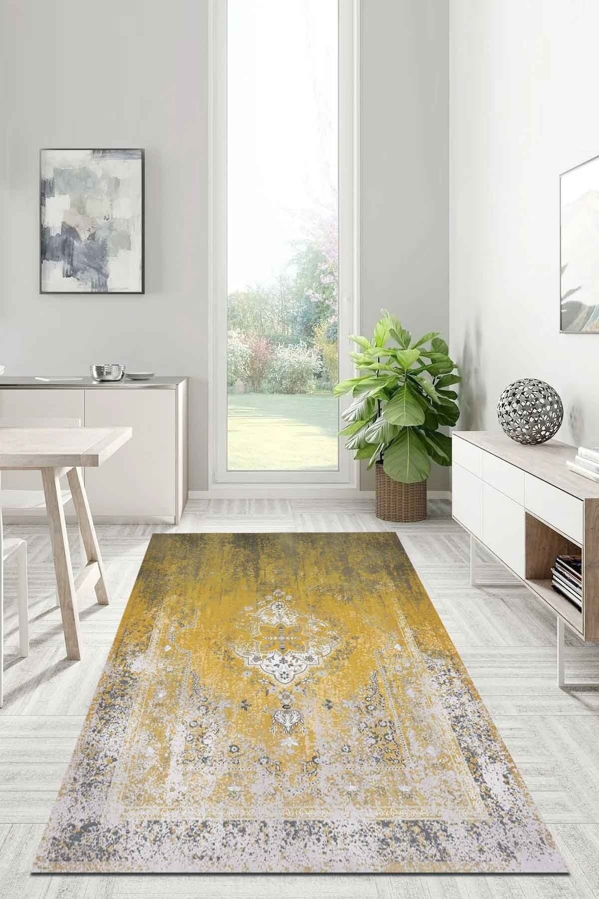 AIDA HOME Jacey Kadife Eko Desenli Pamuk Tabanlı Yıkanabilen Kaydırmaz Antibakteriyel Salon Halısı