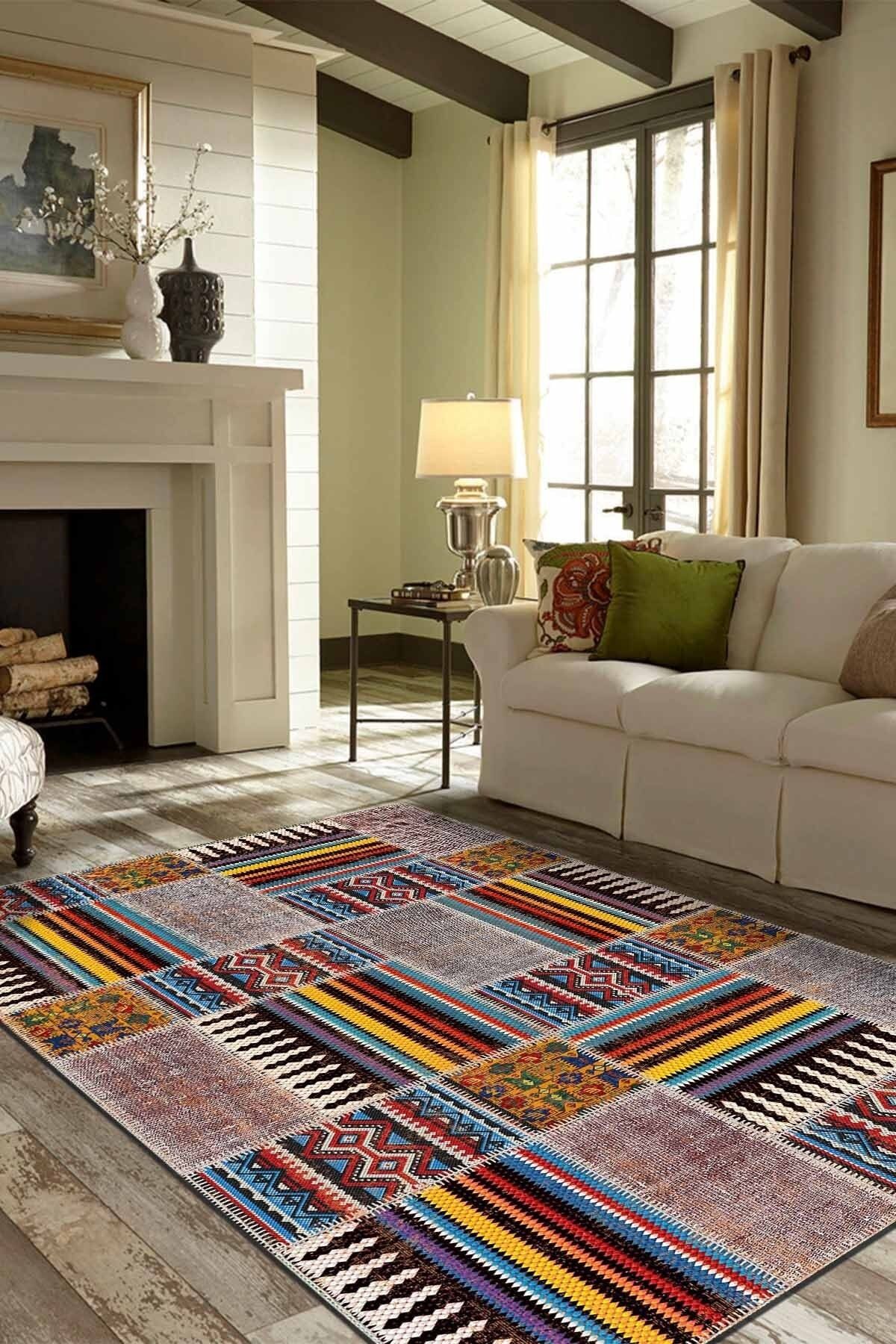 AIDA HOME Nefie Patchwork Desenli Pamuk Tabanlı Yıkanabilen Kaydırmaz Antibakteriyel Salon Halısı