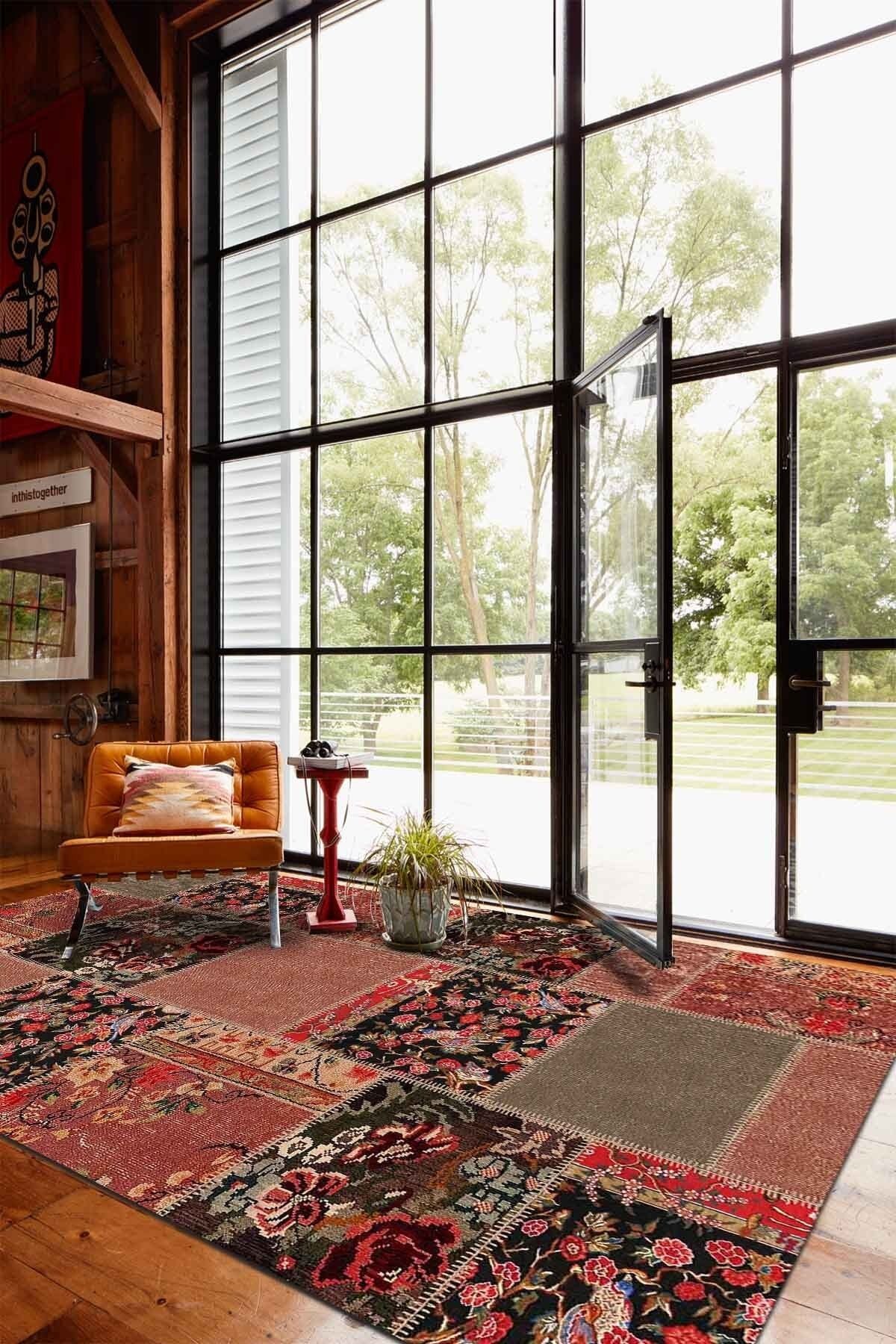AIDA HOME Feran Patchwork Desenli Pamuk Tabanlı Yıkanabilen Kaydırmaz Antibakteriyel Salon Halısı