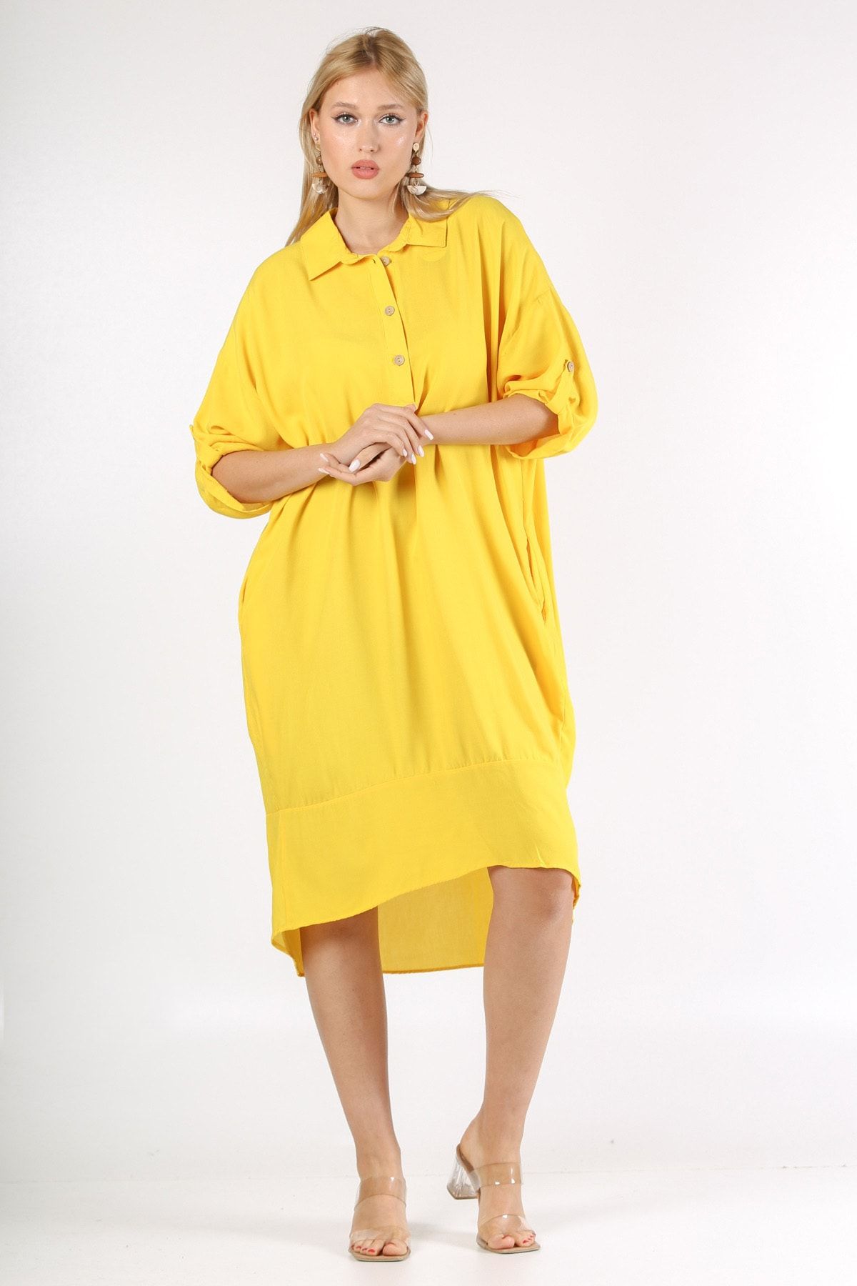Chiccy Italyan Sarı Gömlek Yaka 3/4 Kol Cepli Sırt Dekolteli Düğmeli Dokuma Elbise
