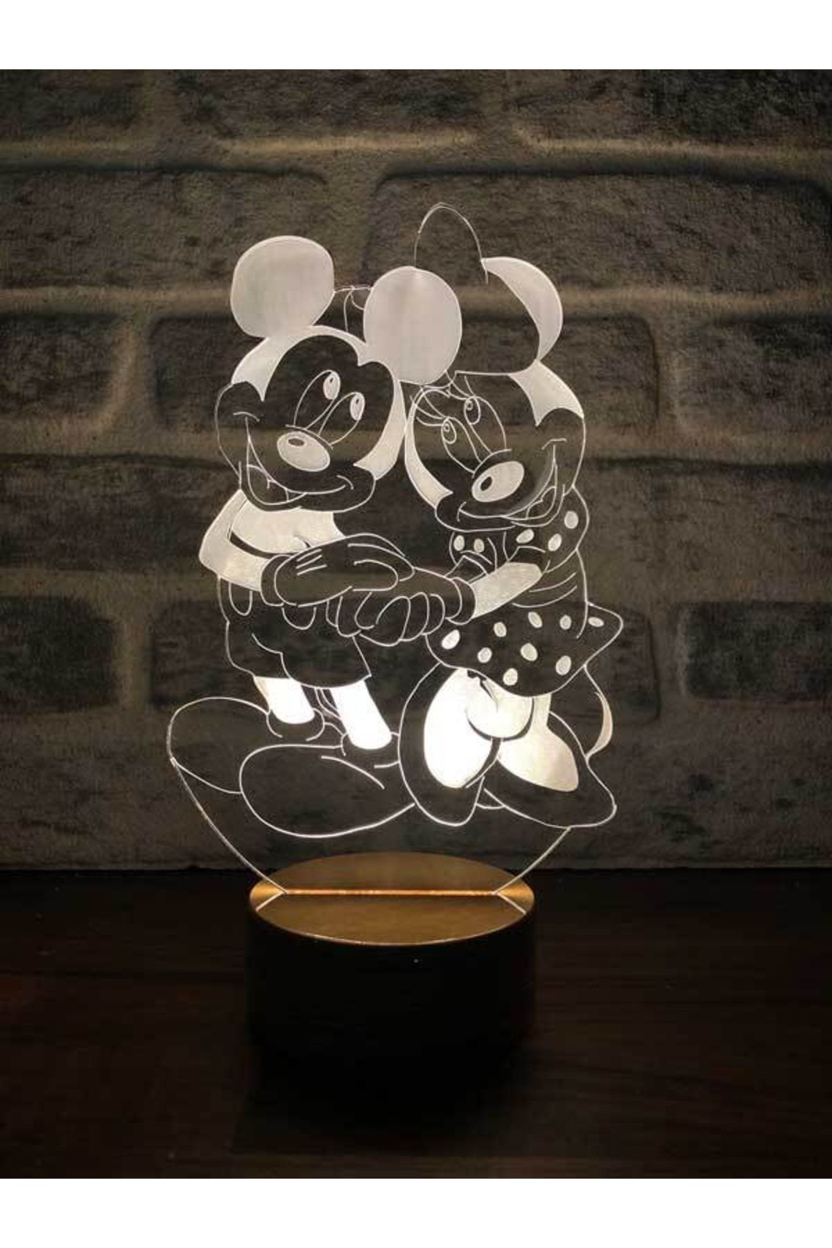 BY-LAMP Mickey Ve Minnie Mouse Figürlü Dekoratif Hediye Led Masa Lambası | 7 Işık Rengi | Ahşap Taban