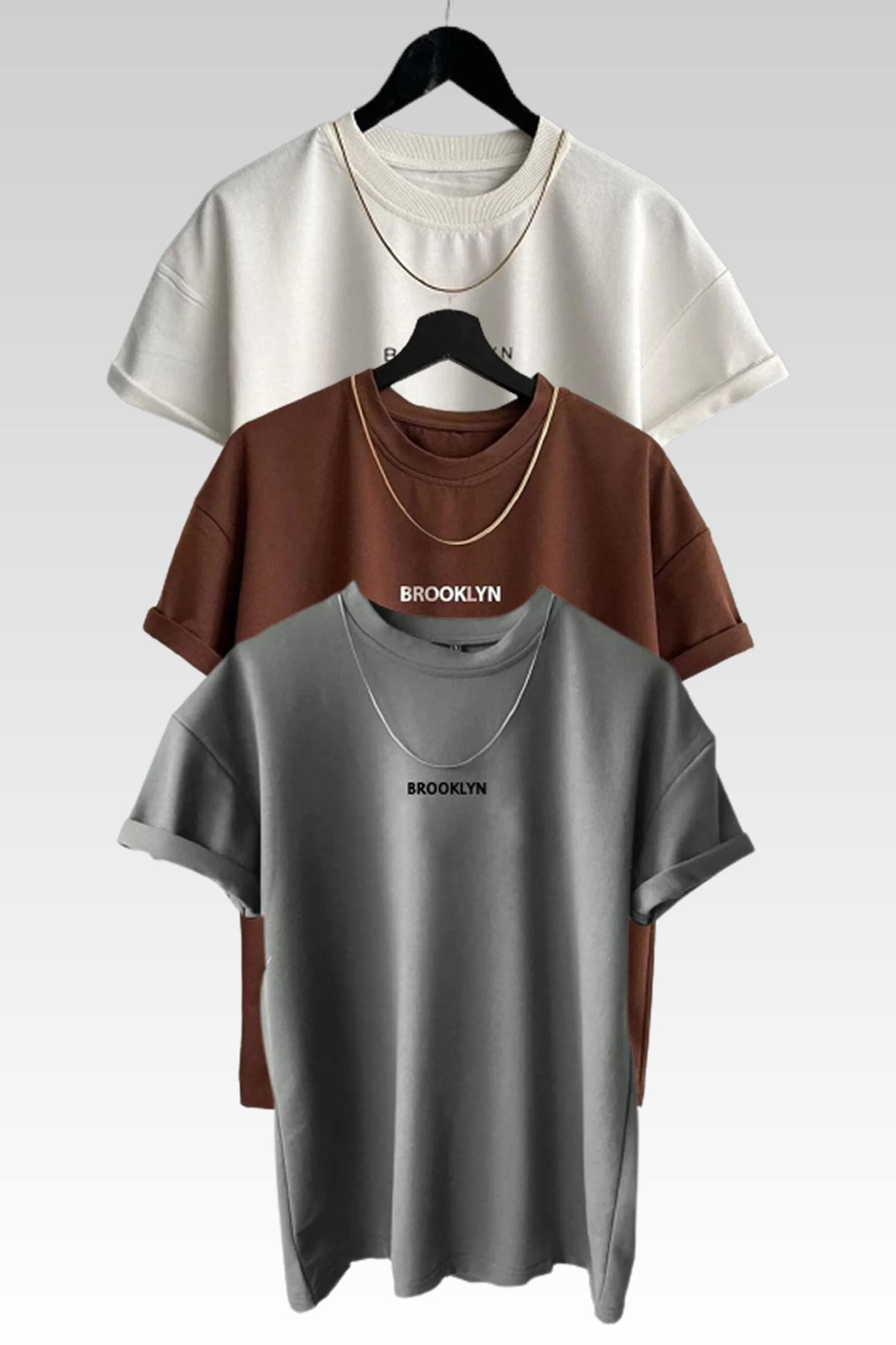 MODAGEN Unisex Brooklyn Baskılı 3lü Paket Kahve-gri-beyaz T-shirt