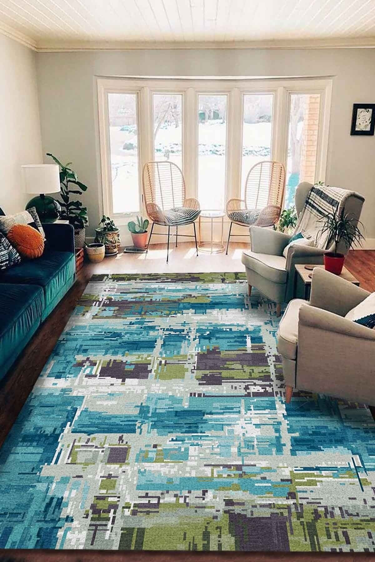 AIDA HOME Ocımum Kadife Patchwork Desenli Pamuk Tabanlı Yıkanabilen Kaydırmaz Antibakteriyel Salon Halısı