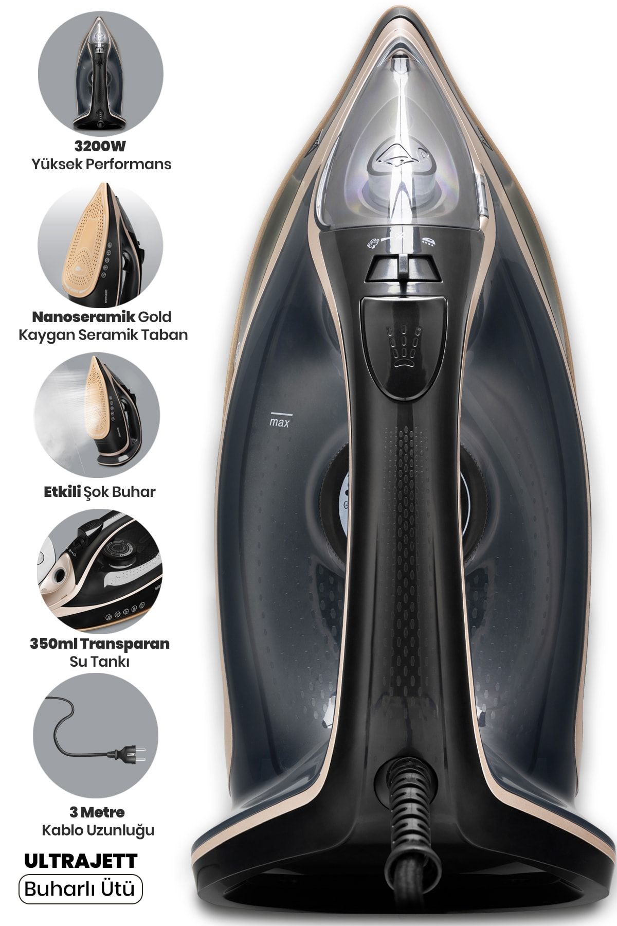 GoldMaster Ultrajett 3200w Seramik Tab. Kireç Ve Damlama Önleme Sis. 3m Kablo Ve 210 Gr Etkili Şok Buharlı Ütü