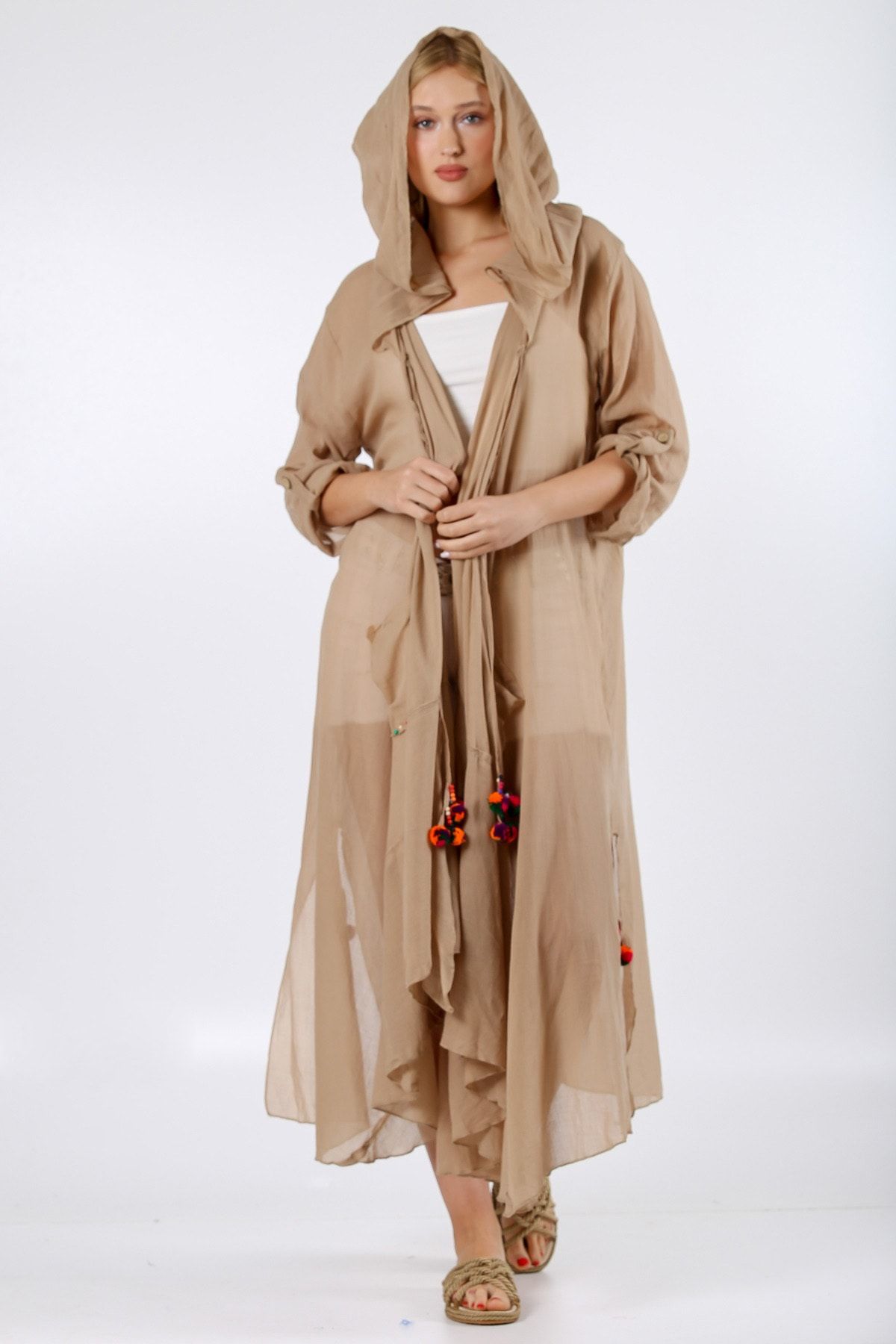 Chiccy Italyan Vizon 3/4 Kol Bağlamalı Cepli Ponponlu El Işi Işlemeli Dokuma Kimono Ceket