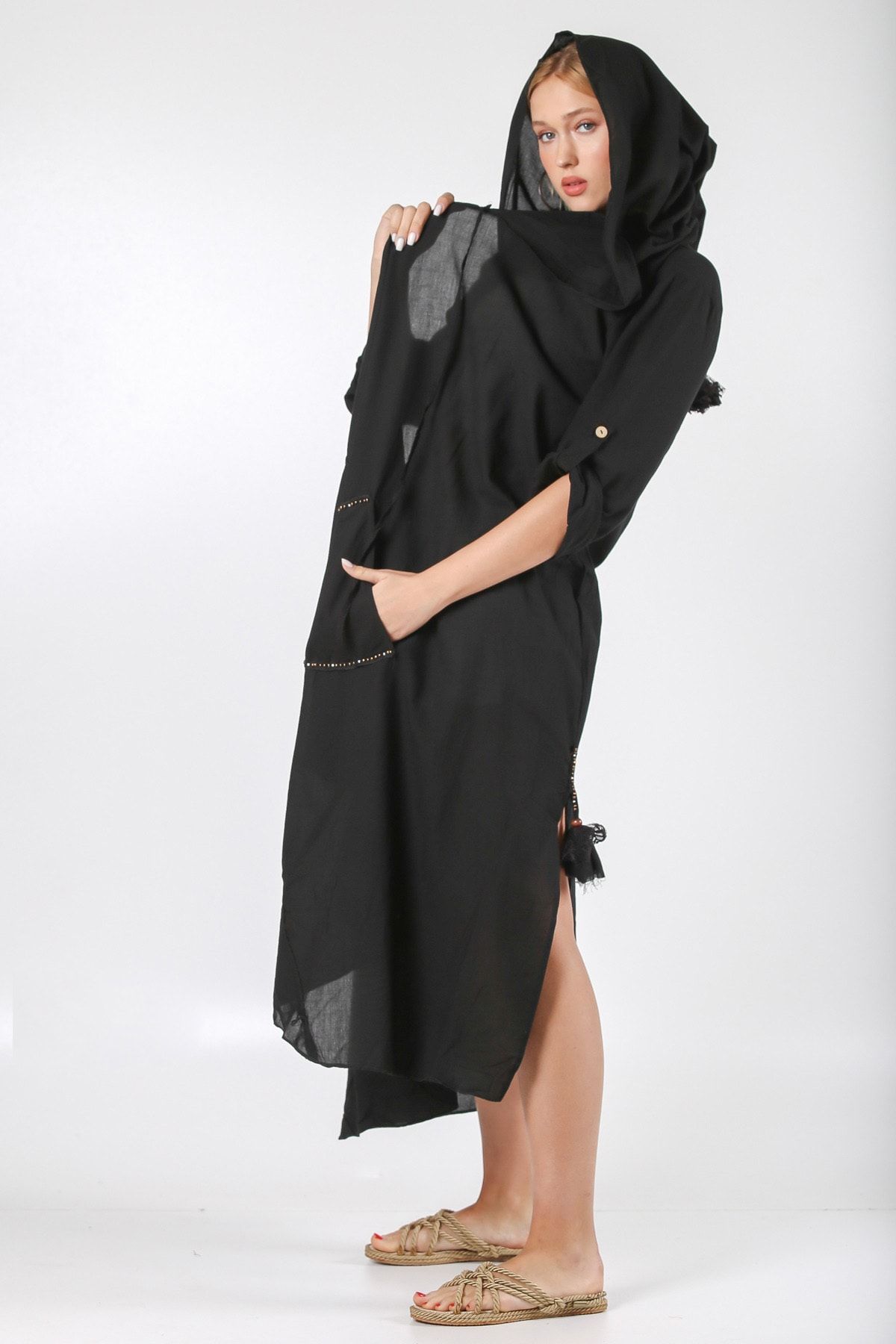 Chiccy Italyan Siyah 3/4 Kol Bağlamalı Cepli El Işi Işlemeli Dokuma Kimono Ceket