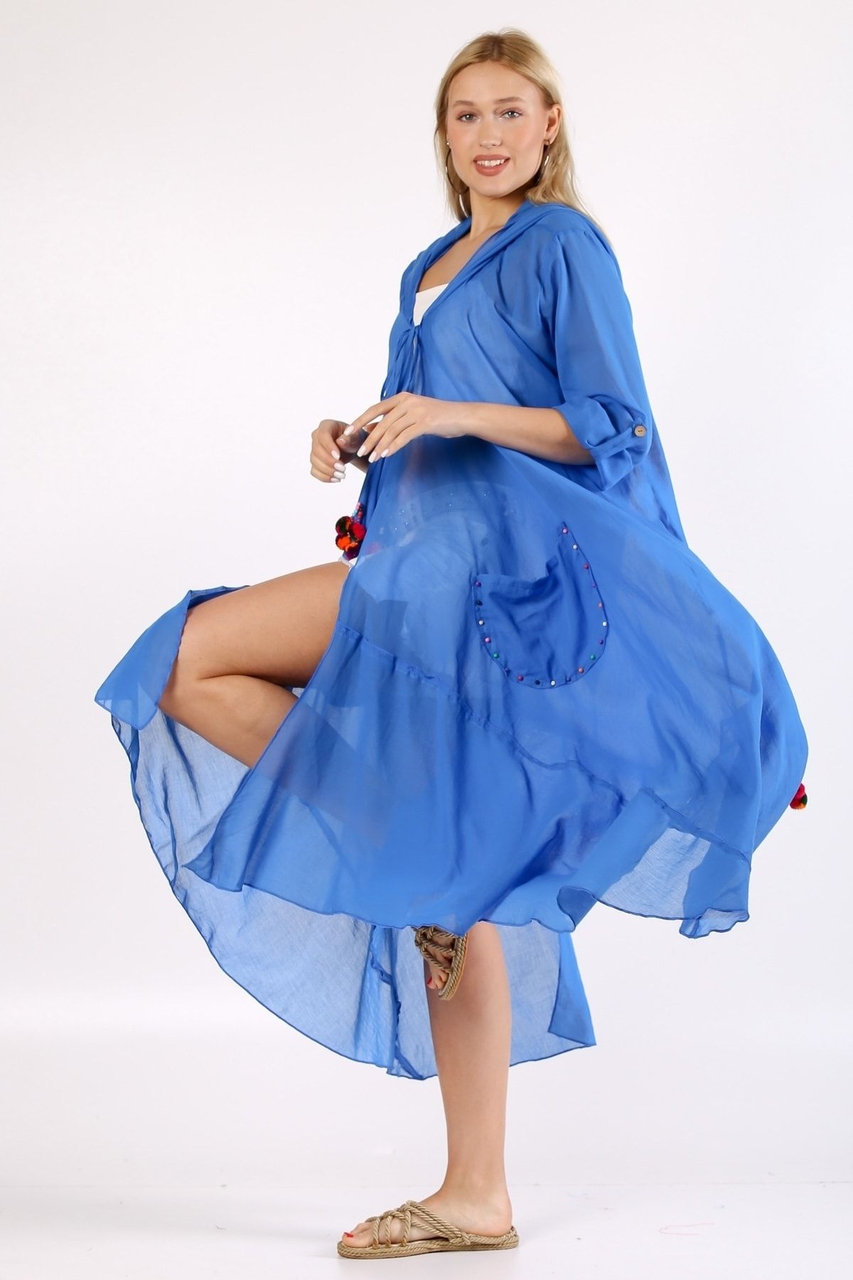 Chiccy Italyan Mavi 3/4 Kol Bağlamalı Cepli Ponponlu El Işi Işlemeli Dokuma Kimono Ceket