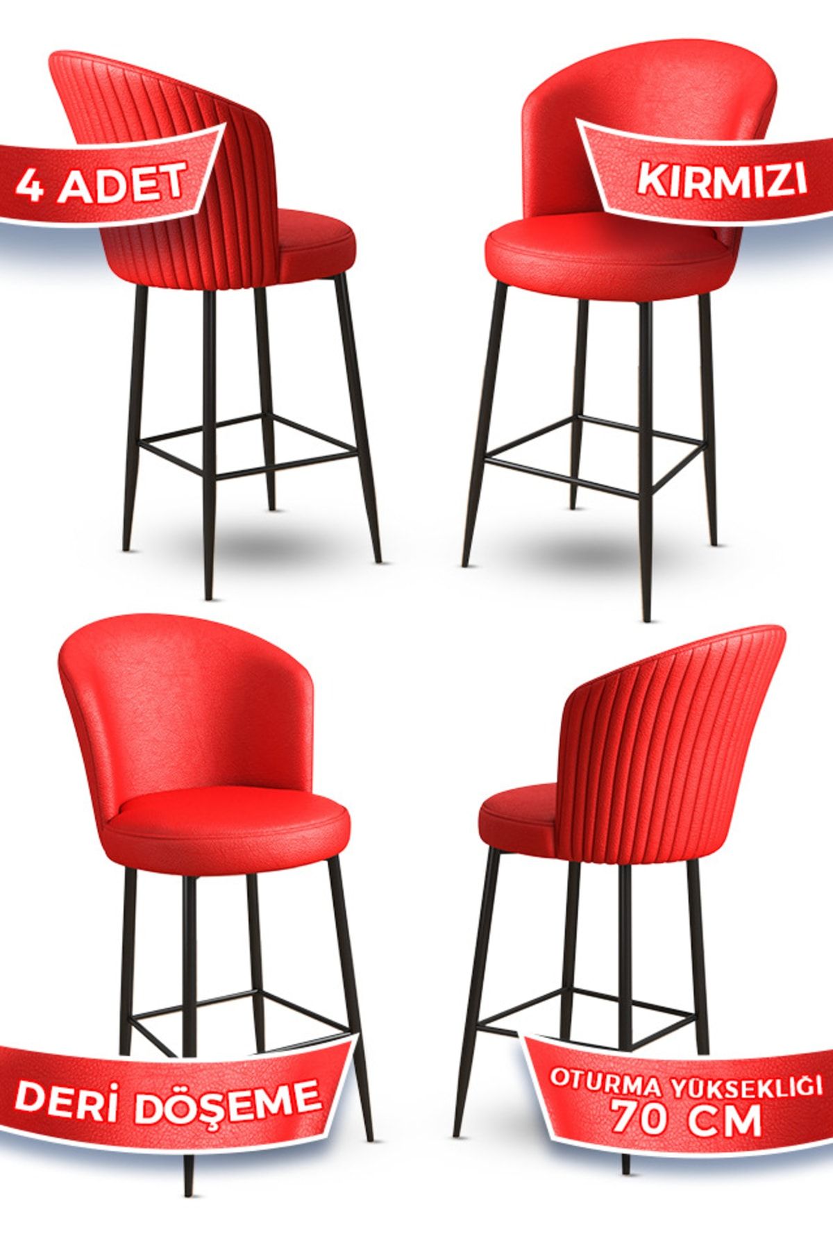 Canisa Concept Uras Serisi 4 Adet Kırmızı Deri Bar Sandalyesi Deri Ada Yemek Odası Sandalyesi Siyah Metal Ayaklı
