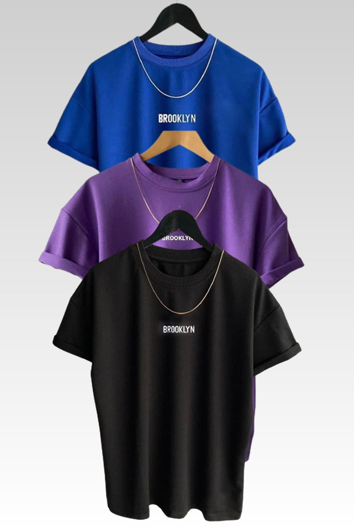 MODAGEN Unisex Brooklyn Baskılı 3lü Paket Siyah-mavi-mor T-shirt