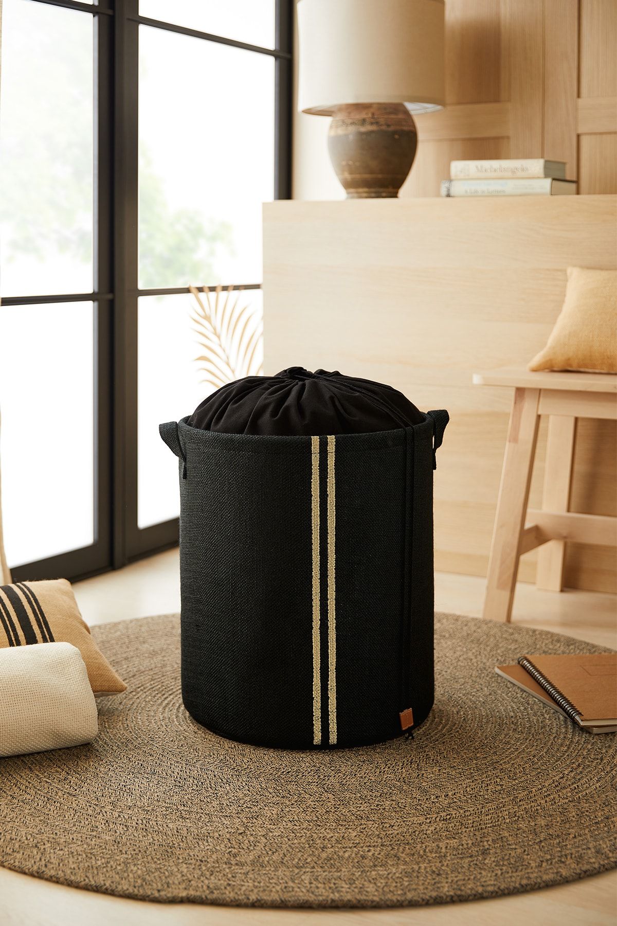 Ocean Home Textile Siyah Jüt Katlanır Kirli Çamaşır Dolap Içi Oyuncak Düzenleyici Saklama Sepeti 36x40