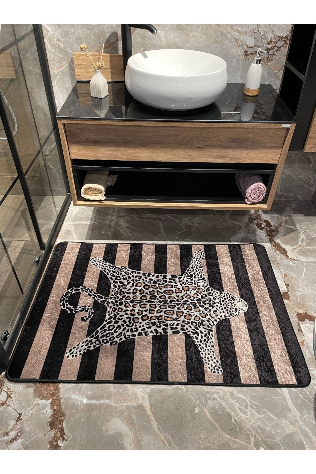 Brillant Leopar Desen Çizgili Tekli Banyo Paspası - Bej-kahverengi Ebat (60x100)