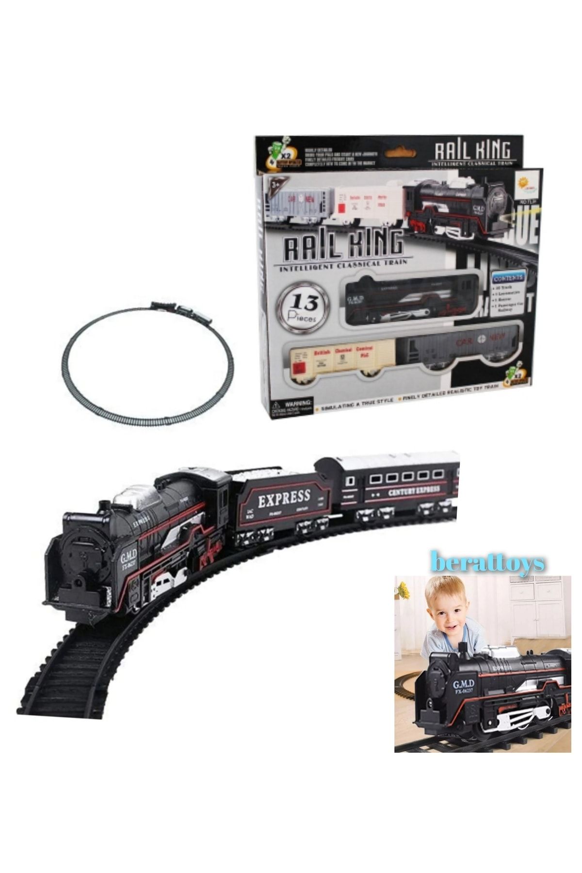 berattoys 13 Parça Pilli Işıklı Tren Seti Oyuncak Tiren 1 Lokomotif 2 Vagon Raylı Klasik Kara Tren