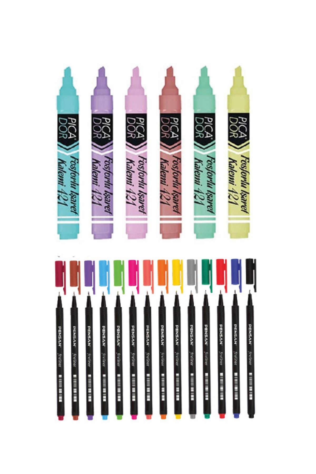 Pensan 14 Renk Fineliner 0.4 Mm Ince Uçlu Kalem - Picador 6 Lı Pastel Işaretleme Kalemi Set