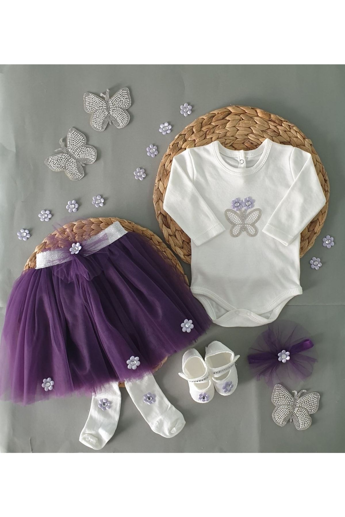 Petite Ponpon Baby Kız Bebek Taşlı Kelebekli Papatyalı Tütü Etek Seti Özel Gün Parti Elbisesi