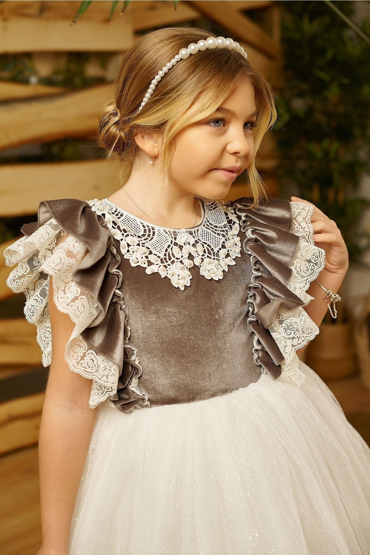 HC Kids Wear Abiye Mezuniyet Kadife ,simli Tülden, Dantel Detaylı Prenses Elbise