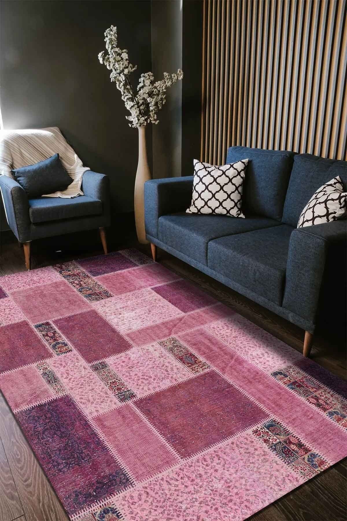 AIDA HOME Horbai Patchwork Desenli Pamuk Tabanlı Yıkanabilen Kaydırmaz Antibakteriyel Salon Halısı