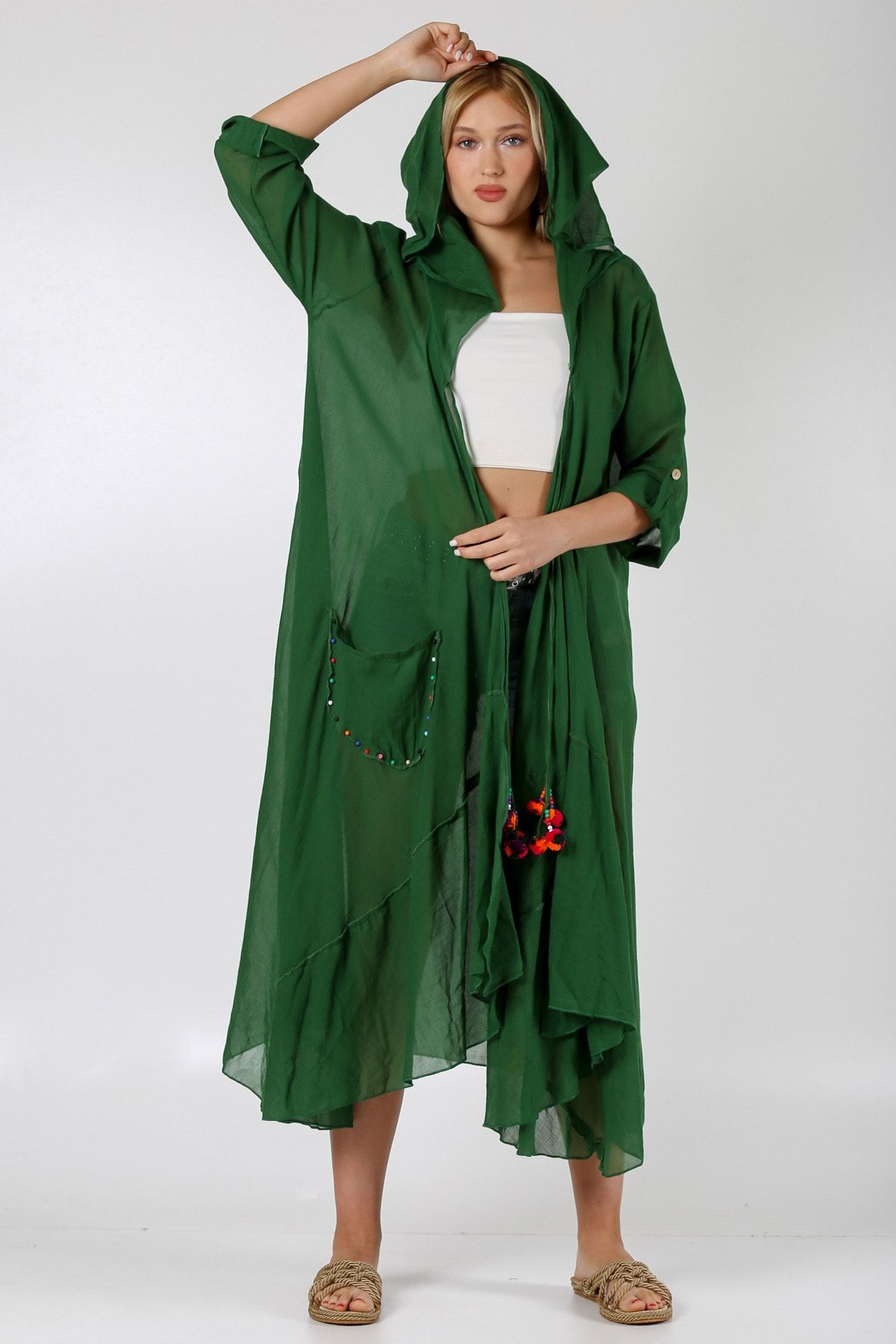 Chiccy Italyan Çay Yeşili 3/4 Kol Bağlamalı Cepli Ponponlu El Işi Işlemeli Dokuma Kimono Ceket