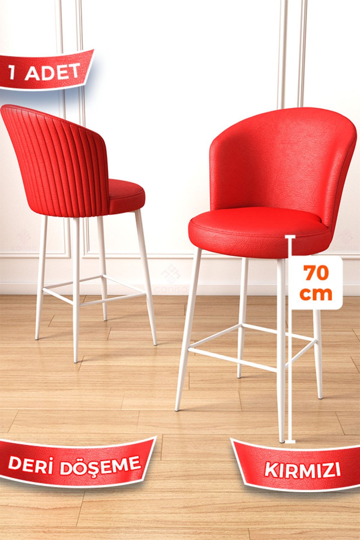 Canisa Concept Uras Serisi Kırmızı Deri Bar Sandalyesi Deri Ada Yemek Odası Sandalyesi Beyaz Metal Ayaklı