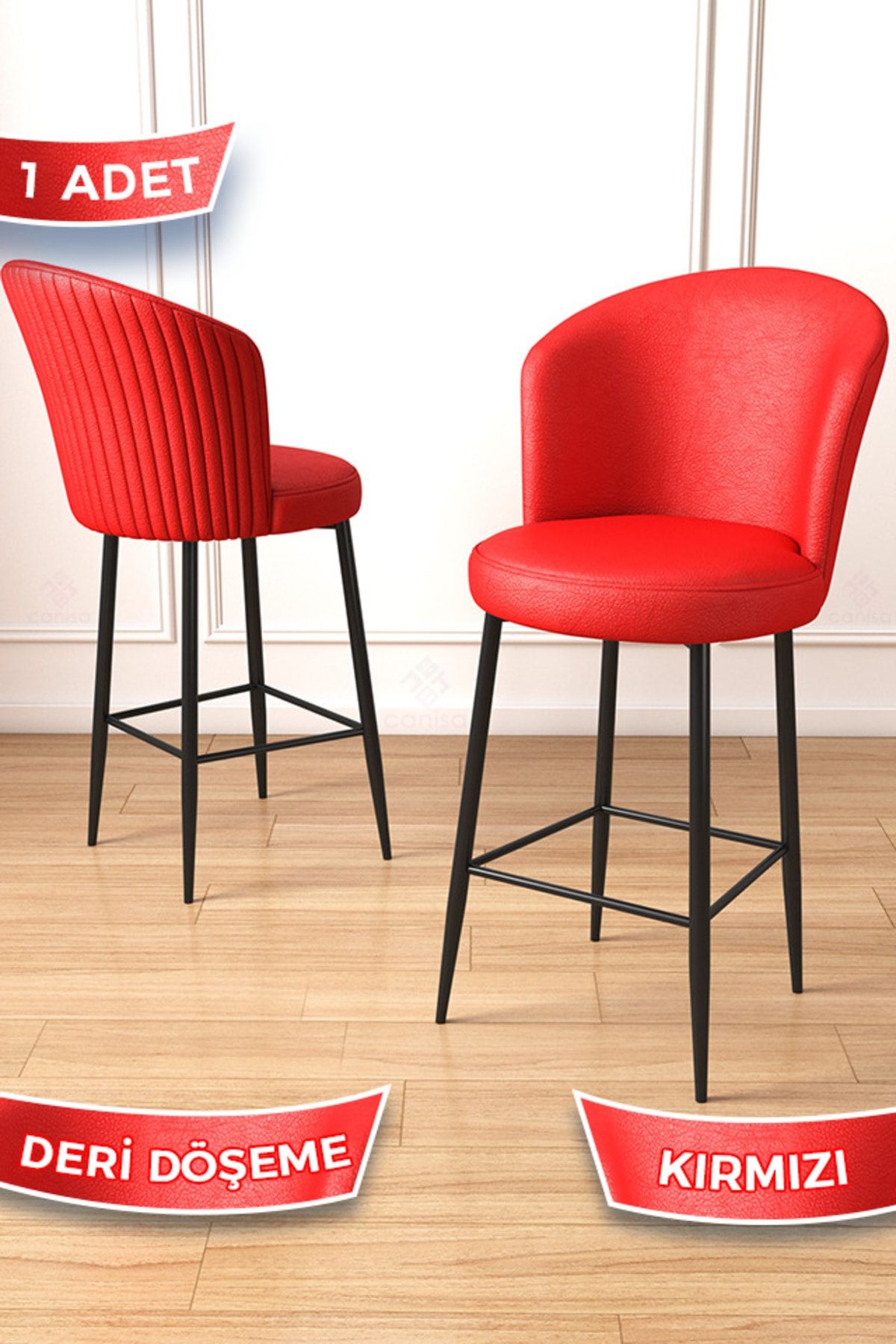 Canisa Concept Uras Serisi Kırmızı Deri Bar Sandalyesi Deri Ada Yemek Odası Sandalyesi Siyah Metal Ayaklı